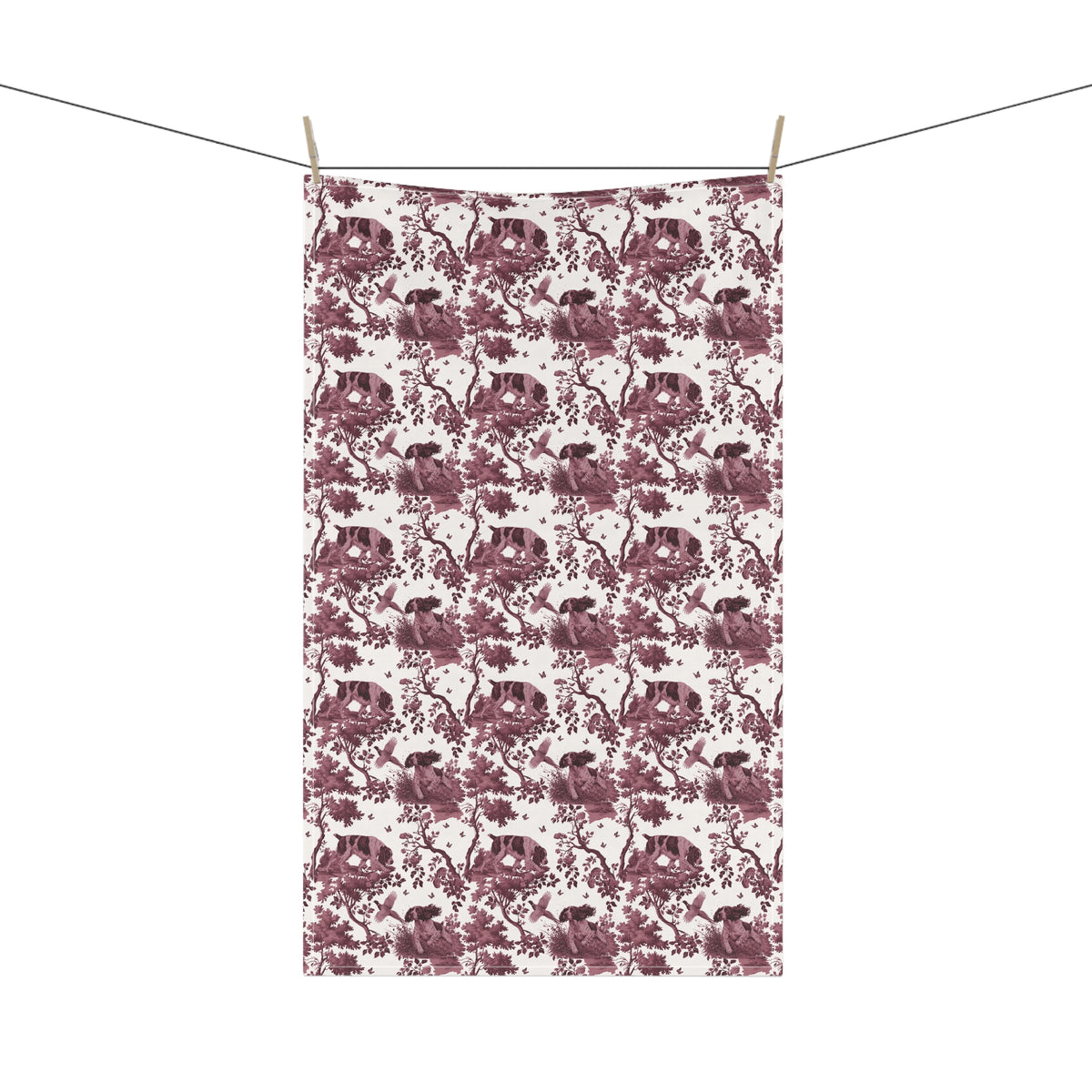 English Springer Spaniel Tea Towel with cranberry toile design, hanging from a clothesline, showing the full repeating design.