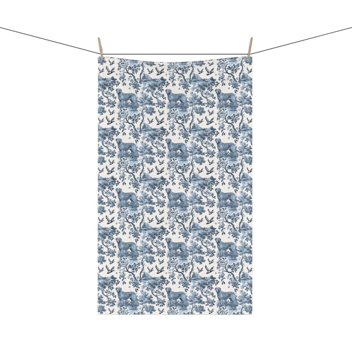 Chesapeake Bay Retriever Tea Towel with blue toile design, hanging from a clothesline, showing the full repeating design.
