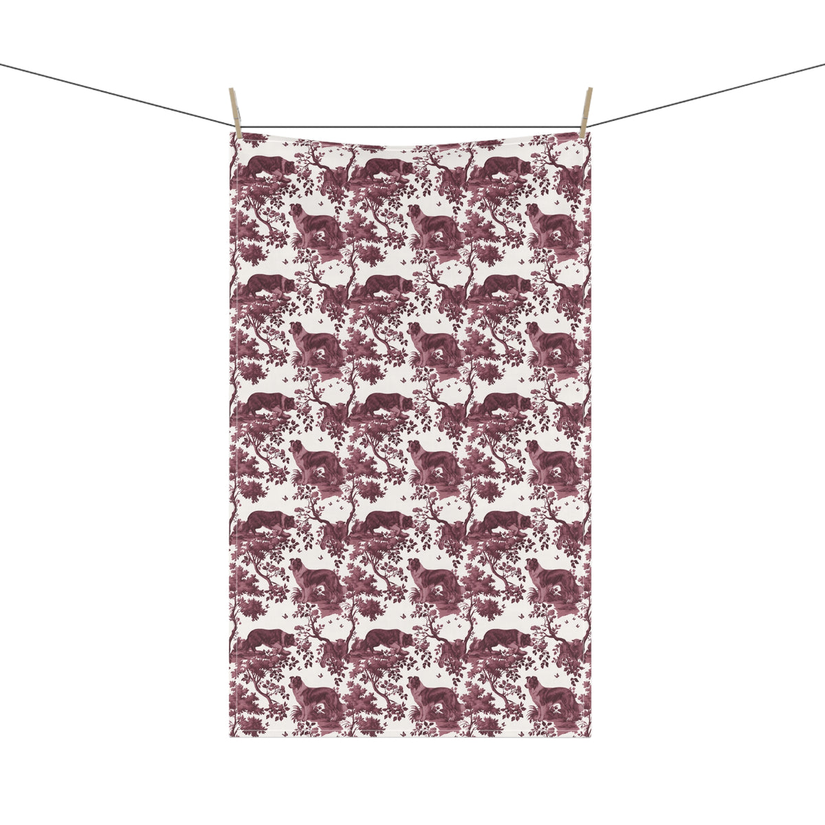 Border Collie Tea Towel with cranberry toile design, hanging from a clothesline, showing the full repeating design.