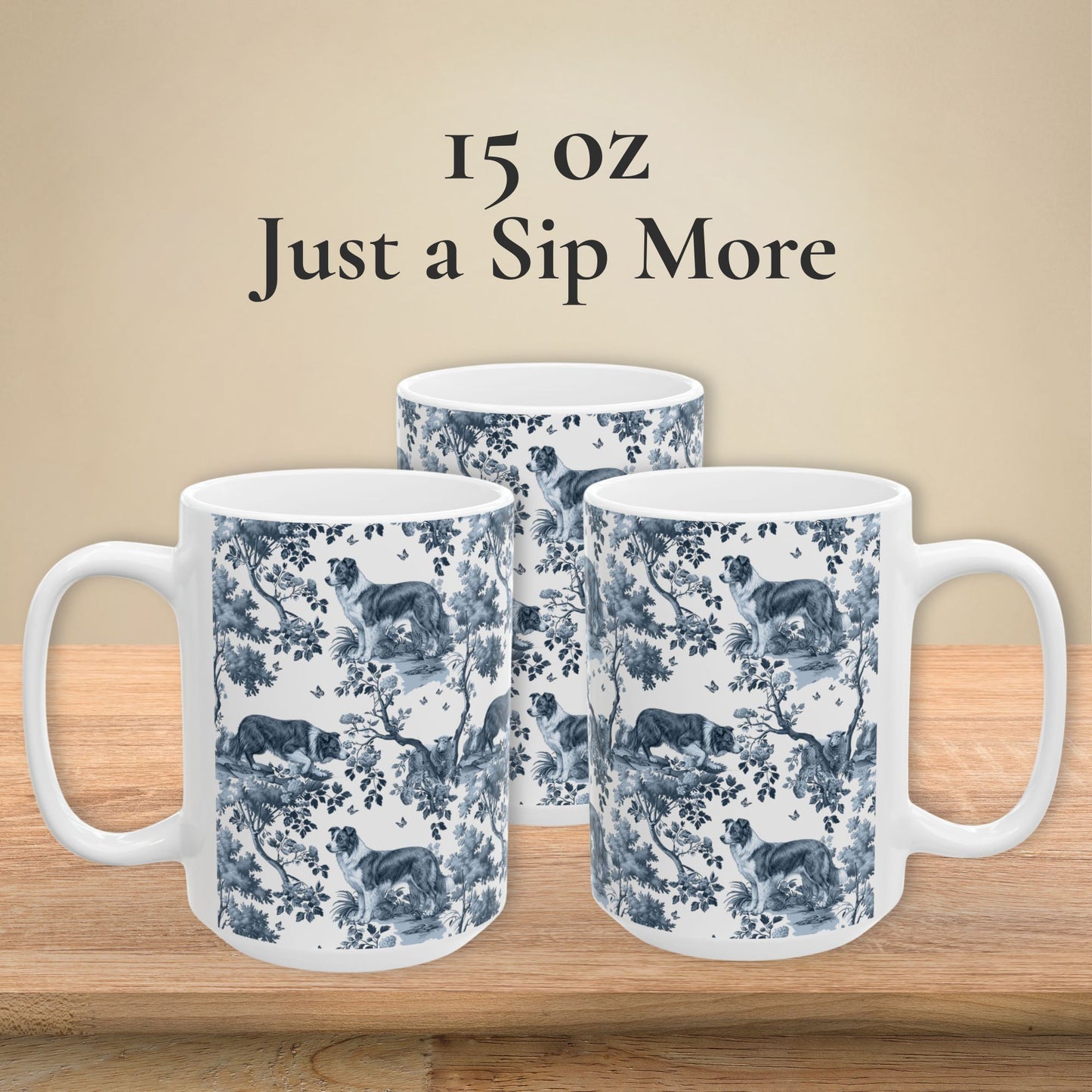 Border Collie Mug - Blue Toile Pattern