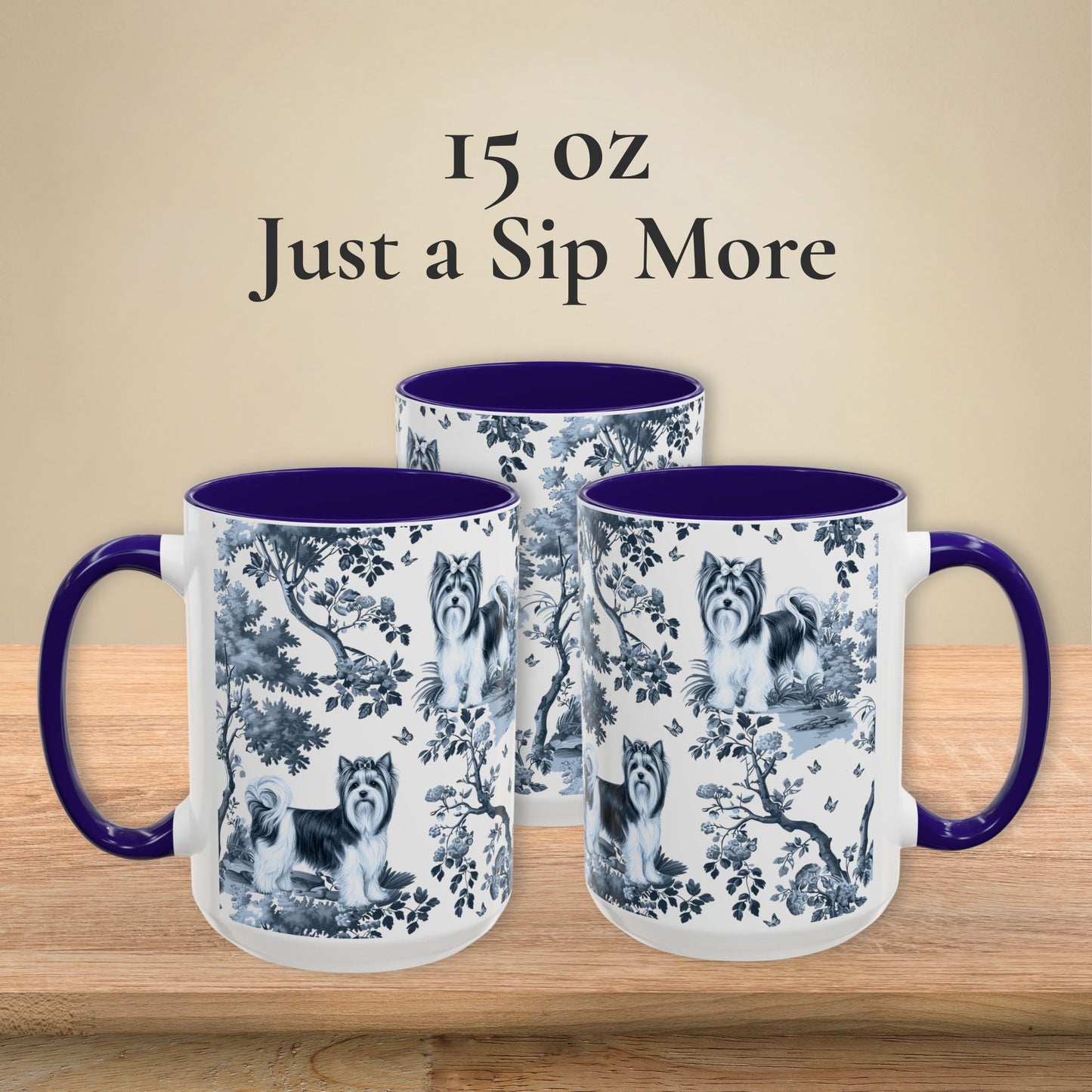 15 oz blue toile Biewer Terrier coffee mug, side view
