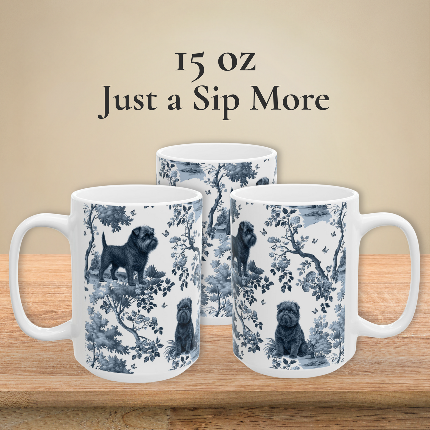 Affenpinscher blue toile white handle coffee mugs in 11 oz and 15 oz sizes