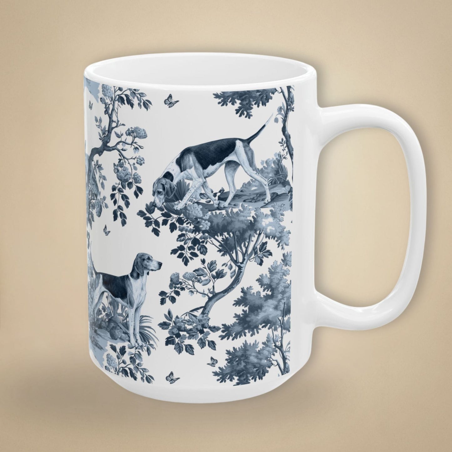 15 oz blue toile American Foxhound coffee cup shown from three sides