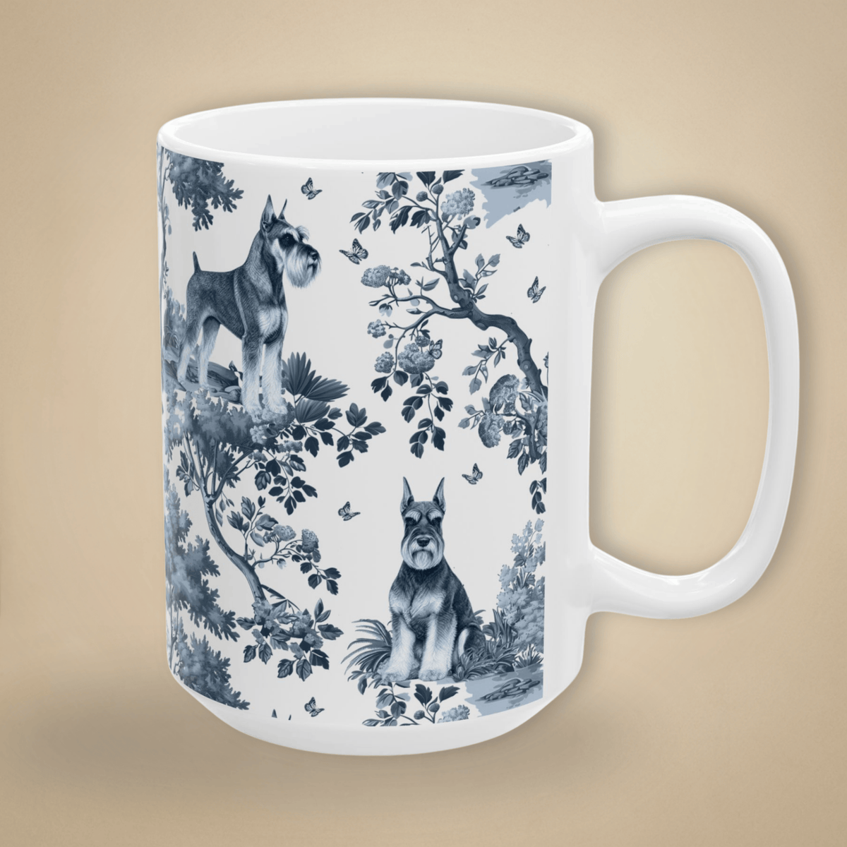 15 oz blue toile Standard Schnauzer coffee cup shown from three sides