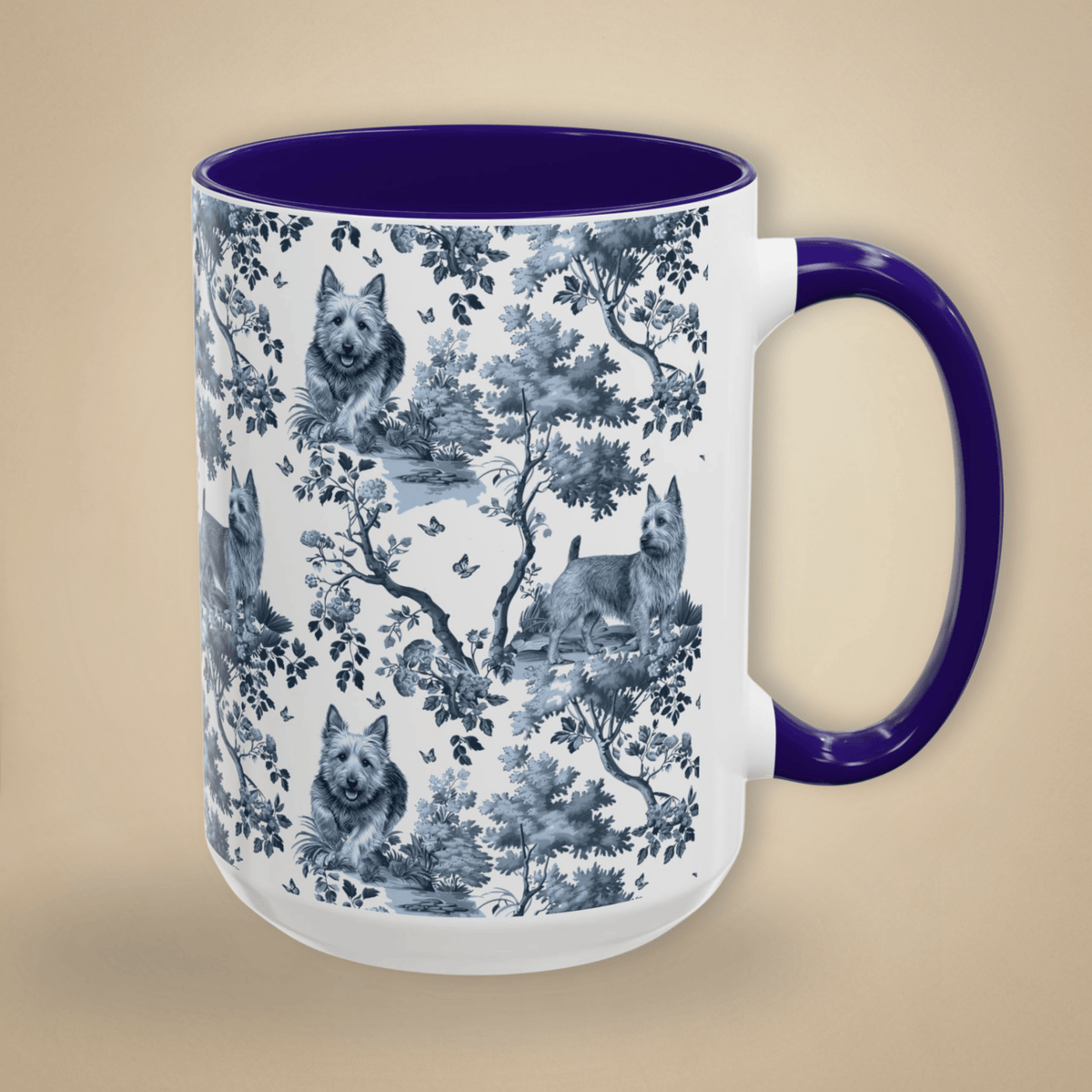 15 oz blue toile Australian Terrier coffee cup shown from three sides