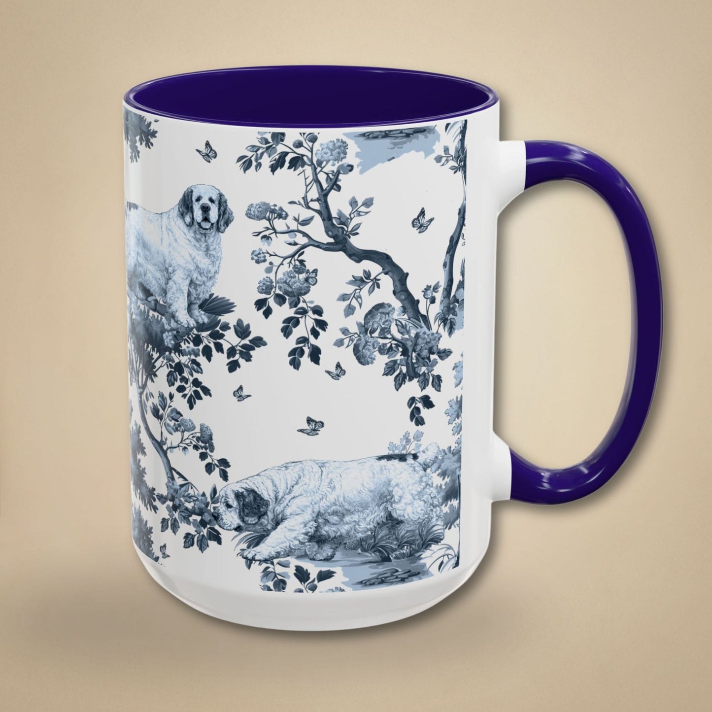 15 oz blue toile Clumber Spaniel coffee mug, side view