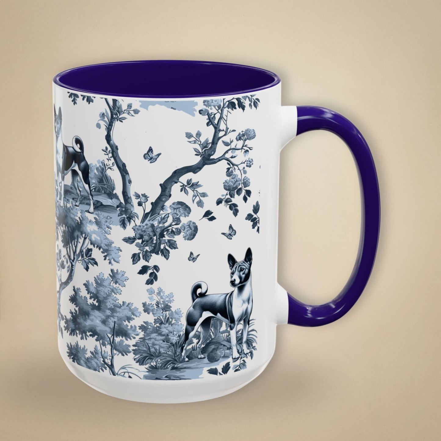 15 oz blue toile Basenji coffee mug, side view