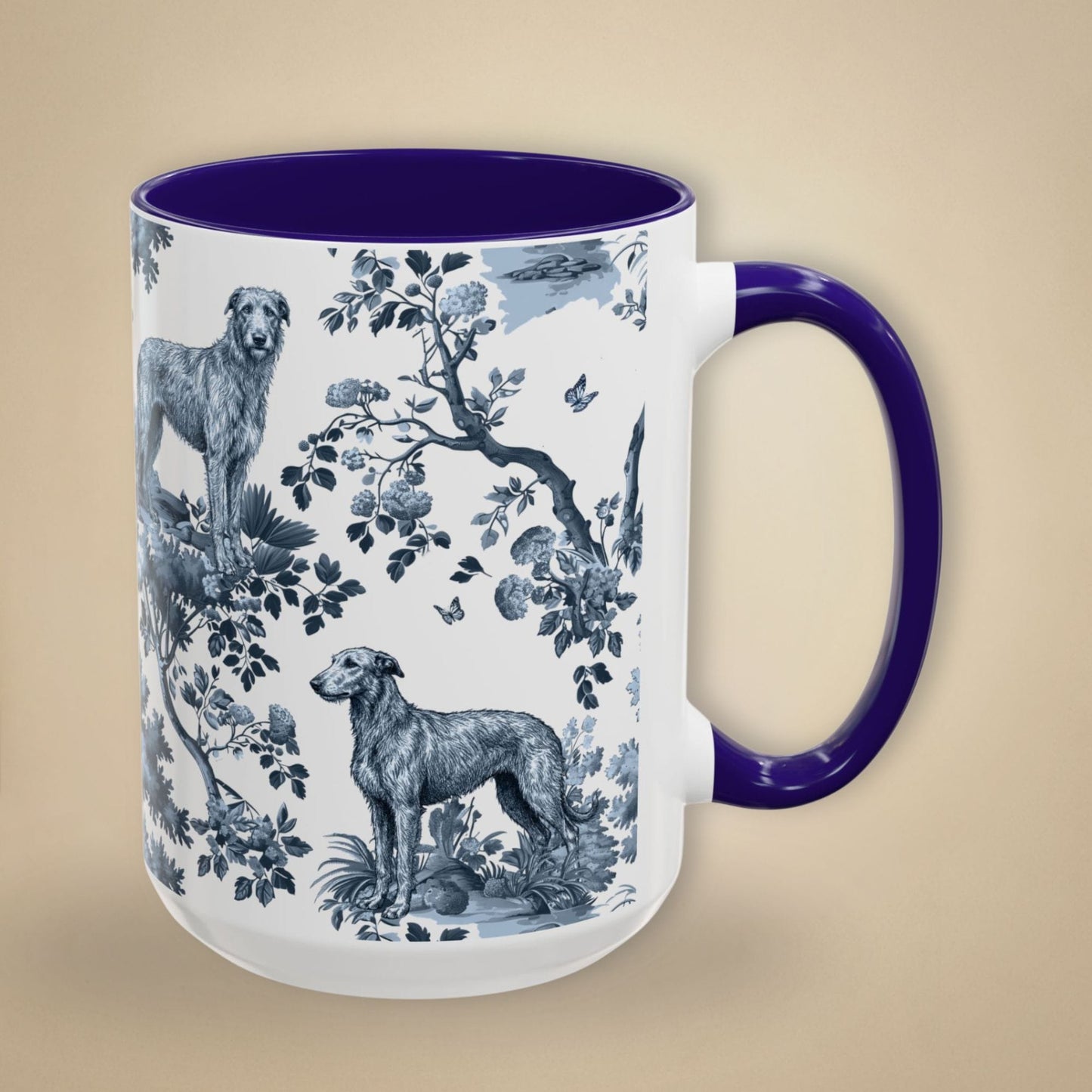15 oz blue toile Scottish Deerhound coffee mug, side view