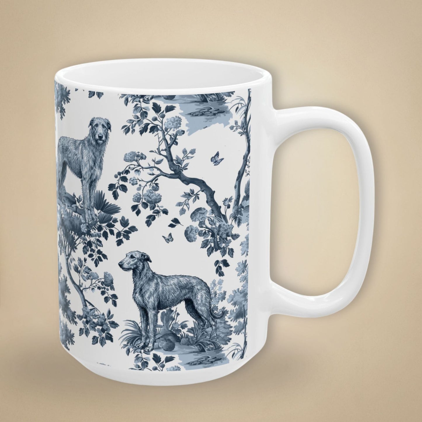 15 oz blue toile Scottish Deerhound coffee mug, side view