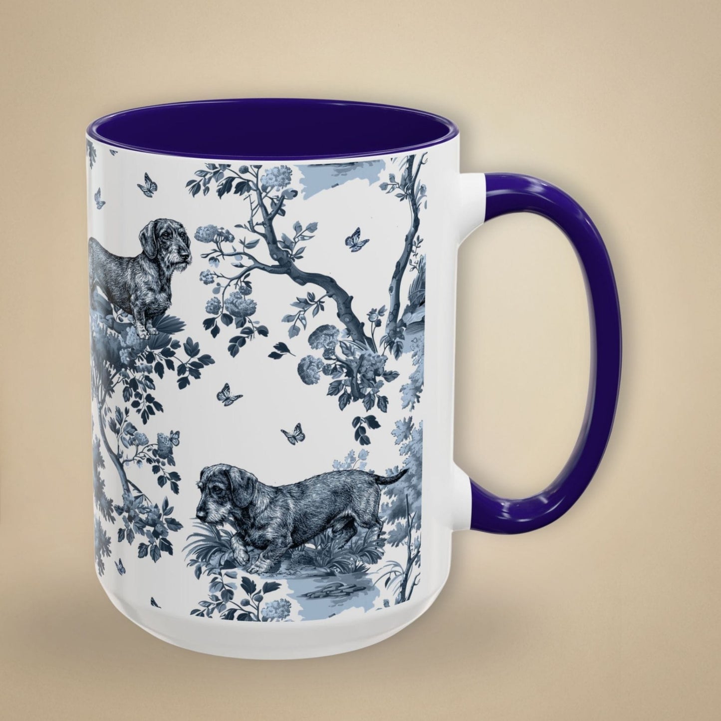 15 oz blue toile Wirehaired Dachshund coffee mug, side view
