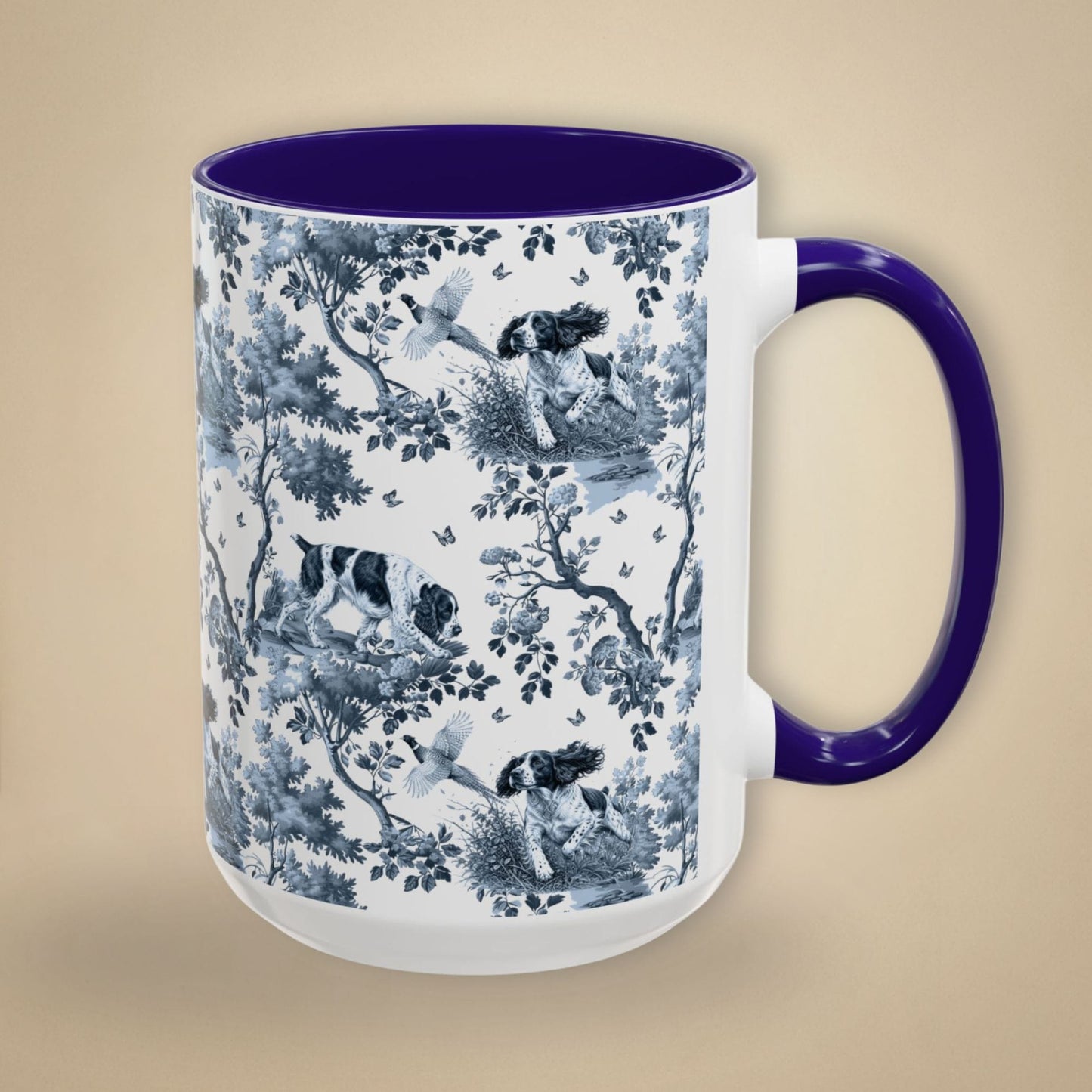 15 oz blue toile English Springer Spaniel coffee cup shown from three sides