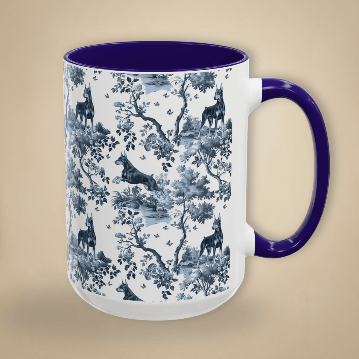 15 oz small toile Doberman coffee cup shown from three sides