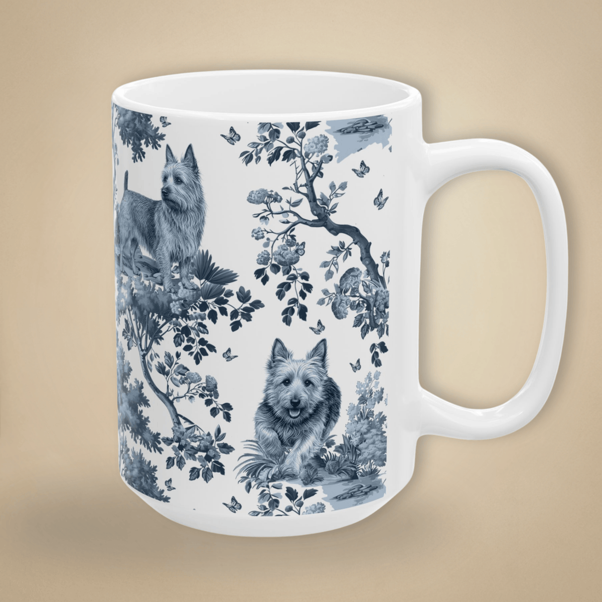 15 oz blue toile Australian Terrier coffee cup shown from three sides