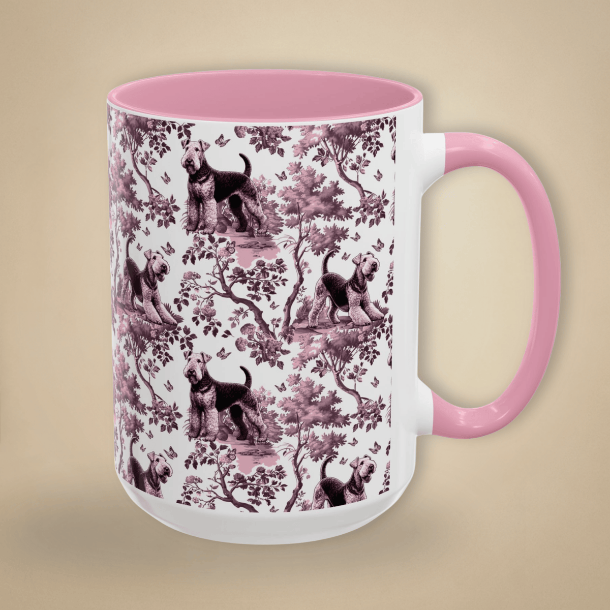 15 oz pink toile Airedale Terrier coffee cup shown from three sides