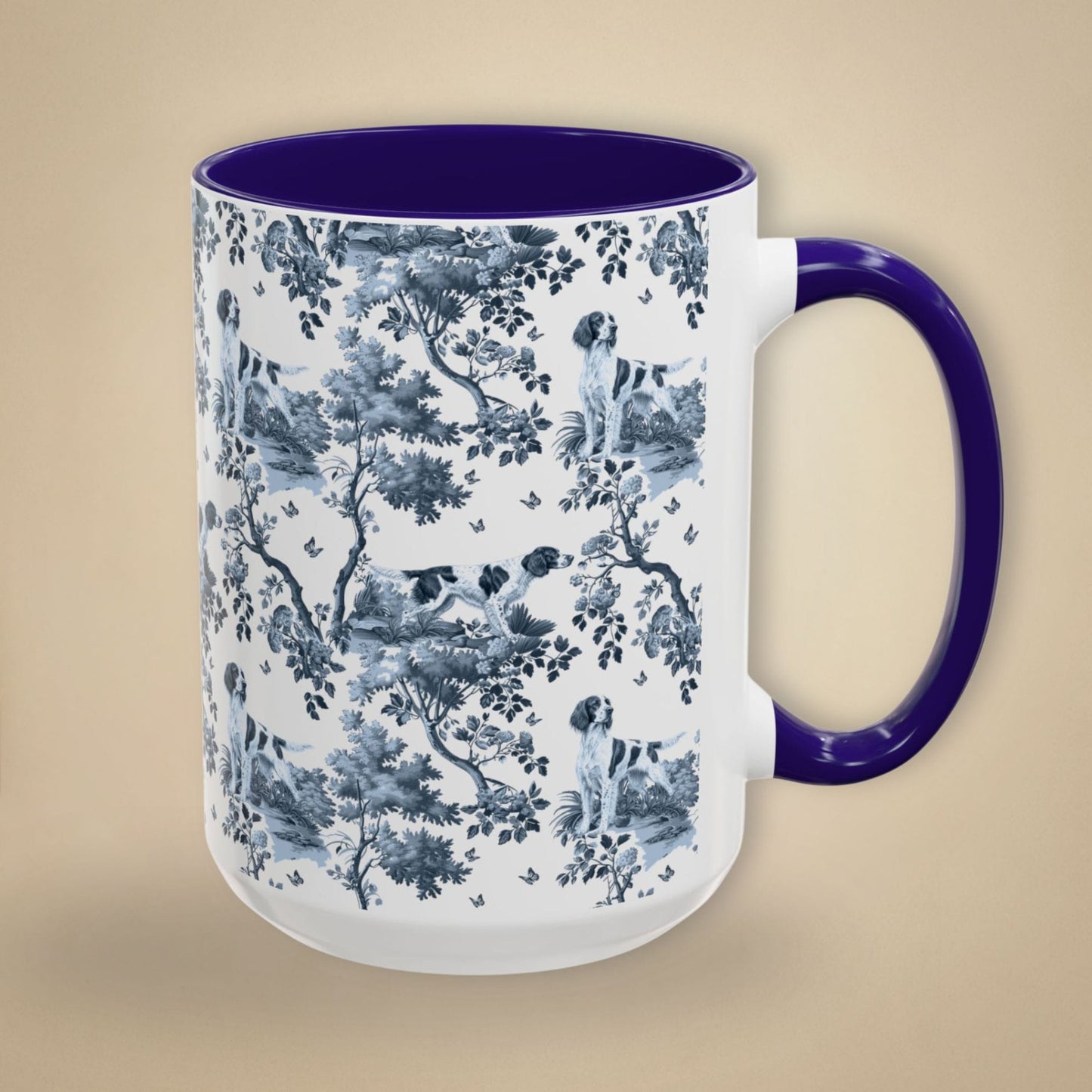 15 oz blue toile Irish Red and White Setter coffee cup shown from three sides