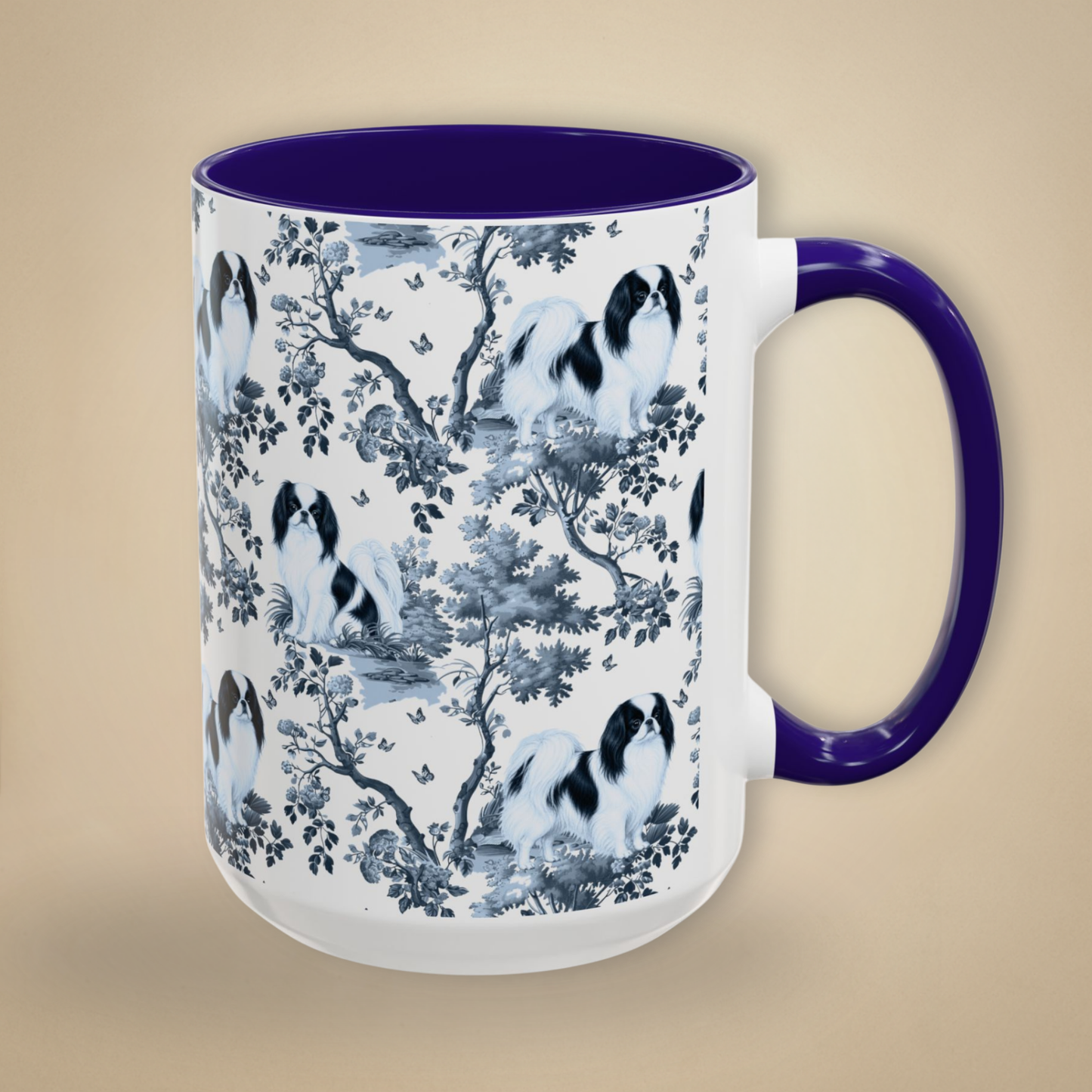 Japanese Chin blue toile coffee mug 15 oz with navy blue handle