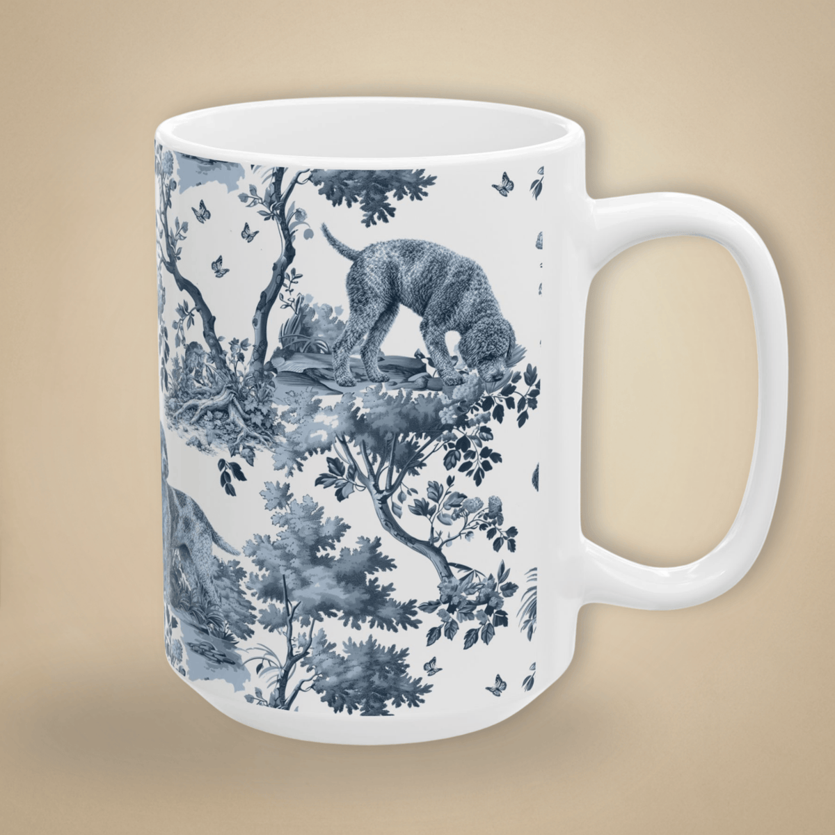 15 oz blue toile Lagotto Romagnolo coffee cup shown from three sides