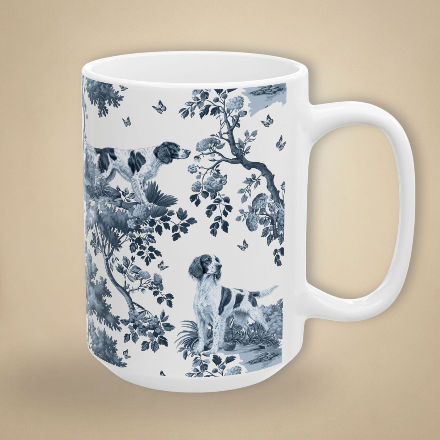 15 oz blue toile Irish Red and White Setter coffee cup shown from three sides