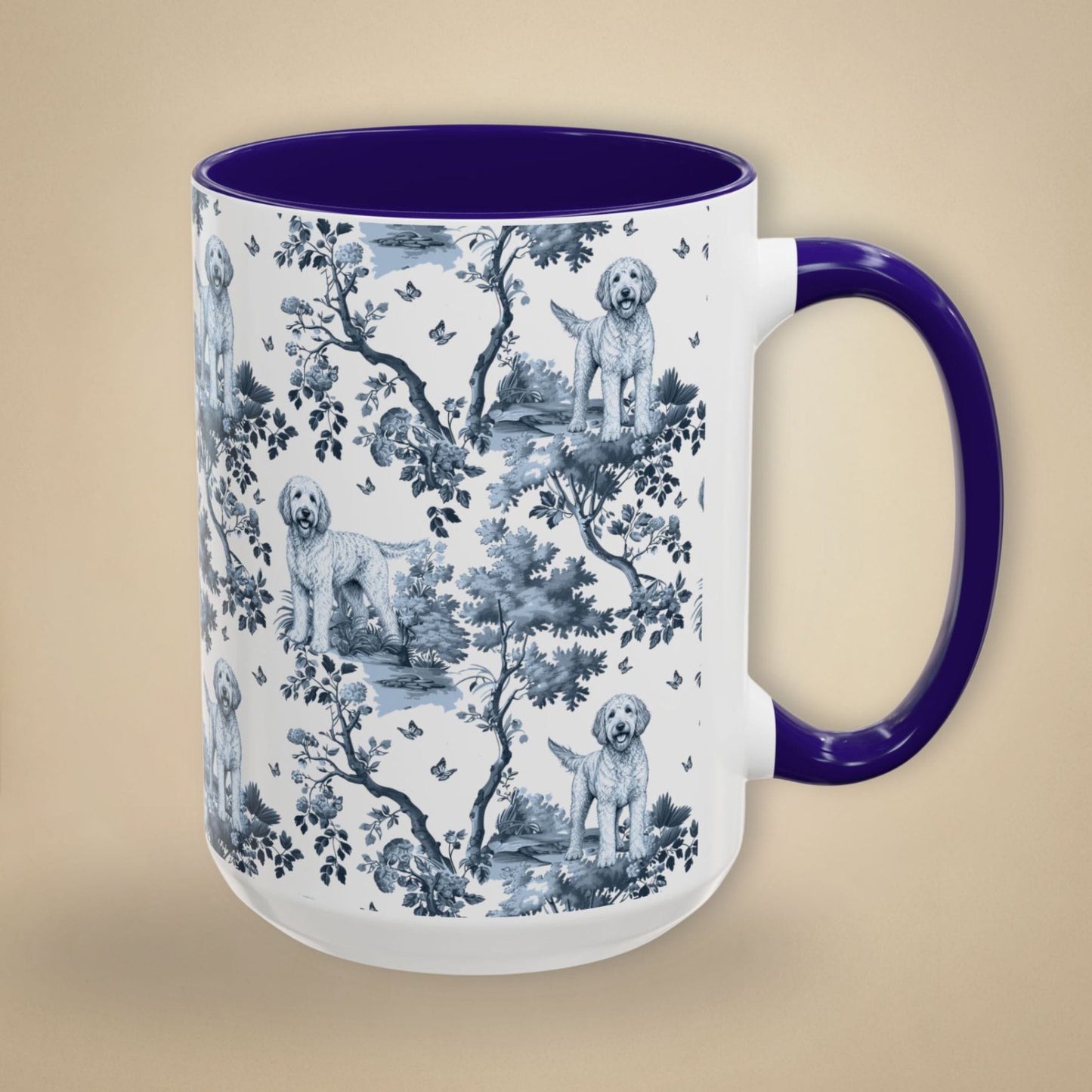 15 oz blue toile Labradoodle coffee cup shown from three sides