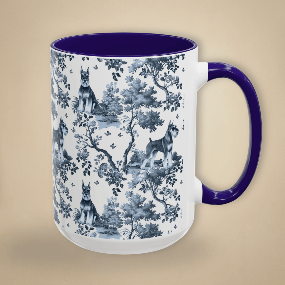 15 oz blue toile Standard Schnauzer coffee cup shown from three sides