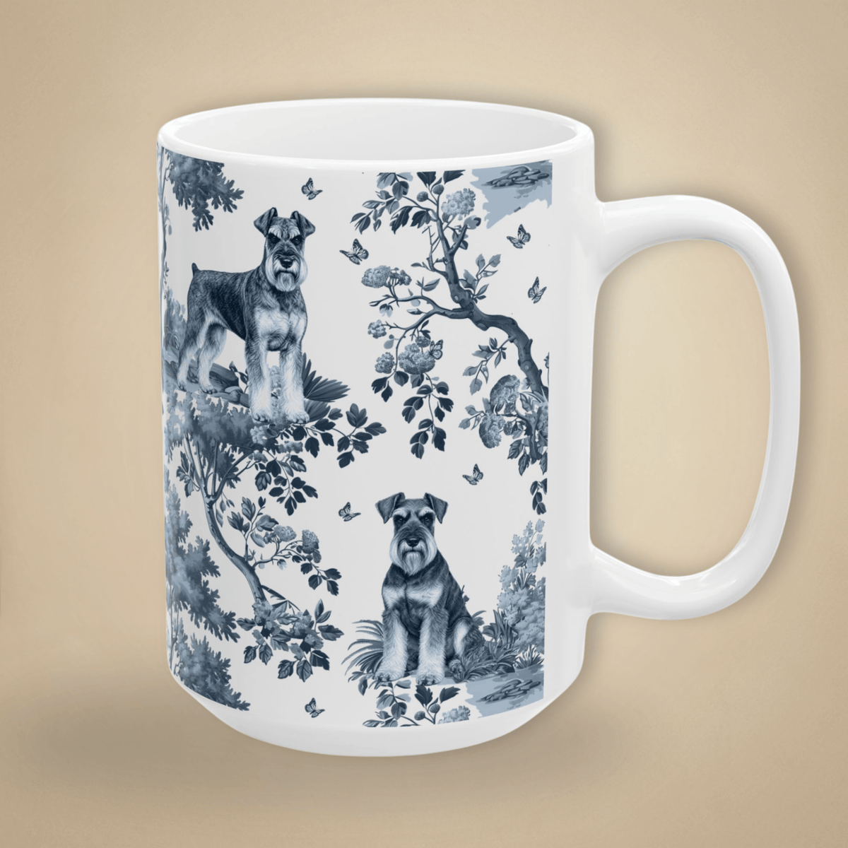 15 oz blue toile Standard Schnauzer coffee cup shown from three sides