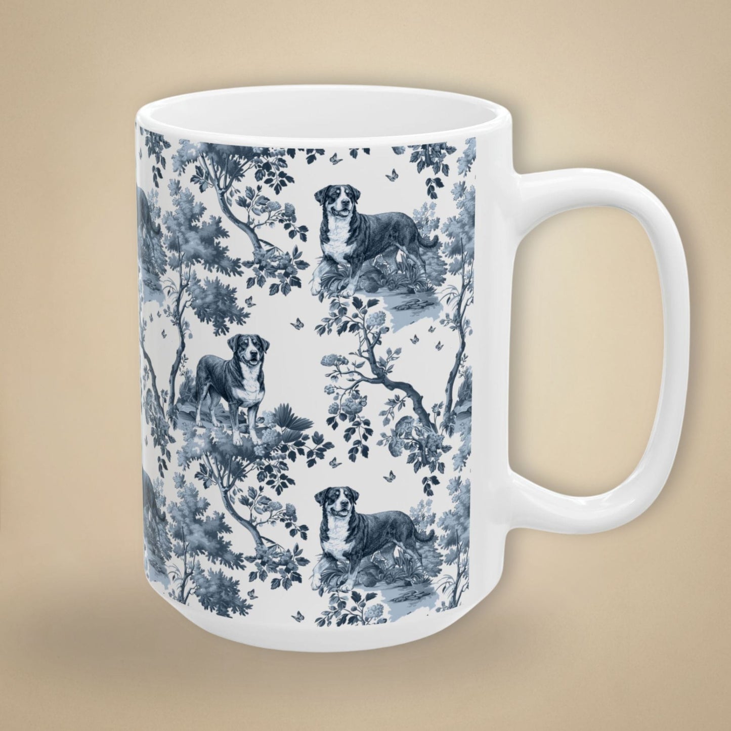 Greater Swiss Mountain Dog Mug - Blue Toile Pattern