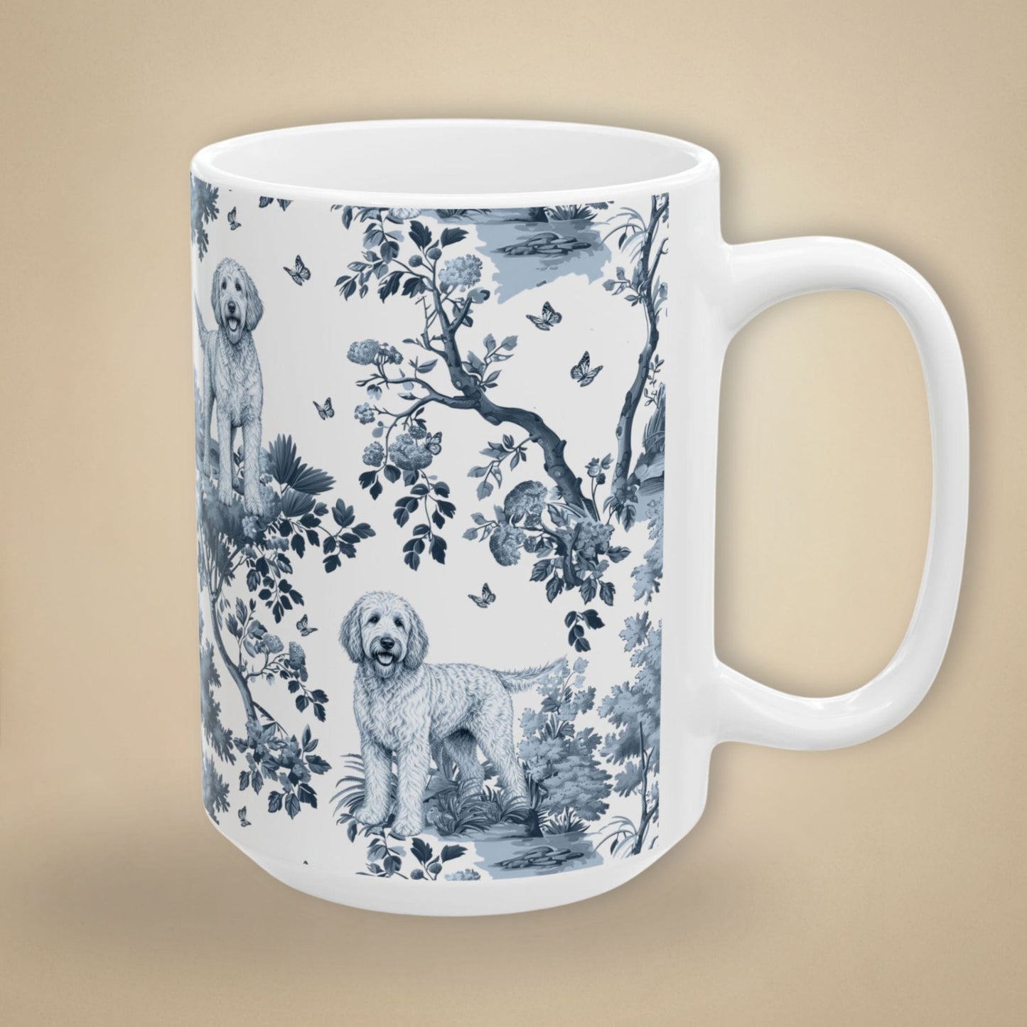 15 oz blue toile Labradoodle coffee cup shown from three sides