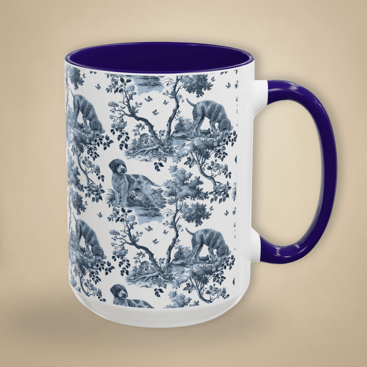 15 oz blue toile Lagotto Romagnolo coffee cup shown from three sides