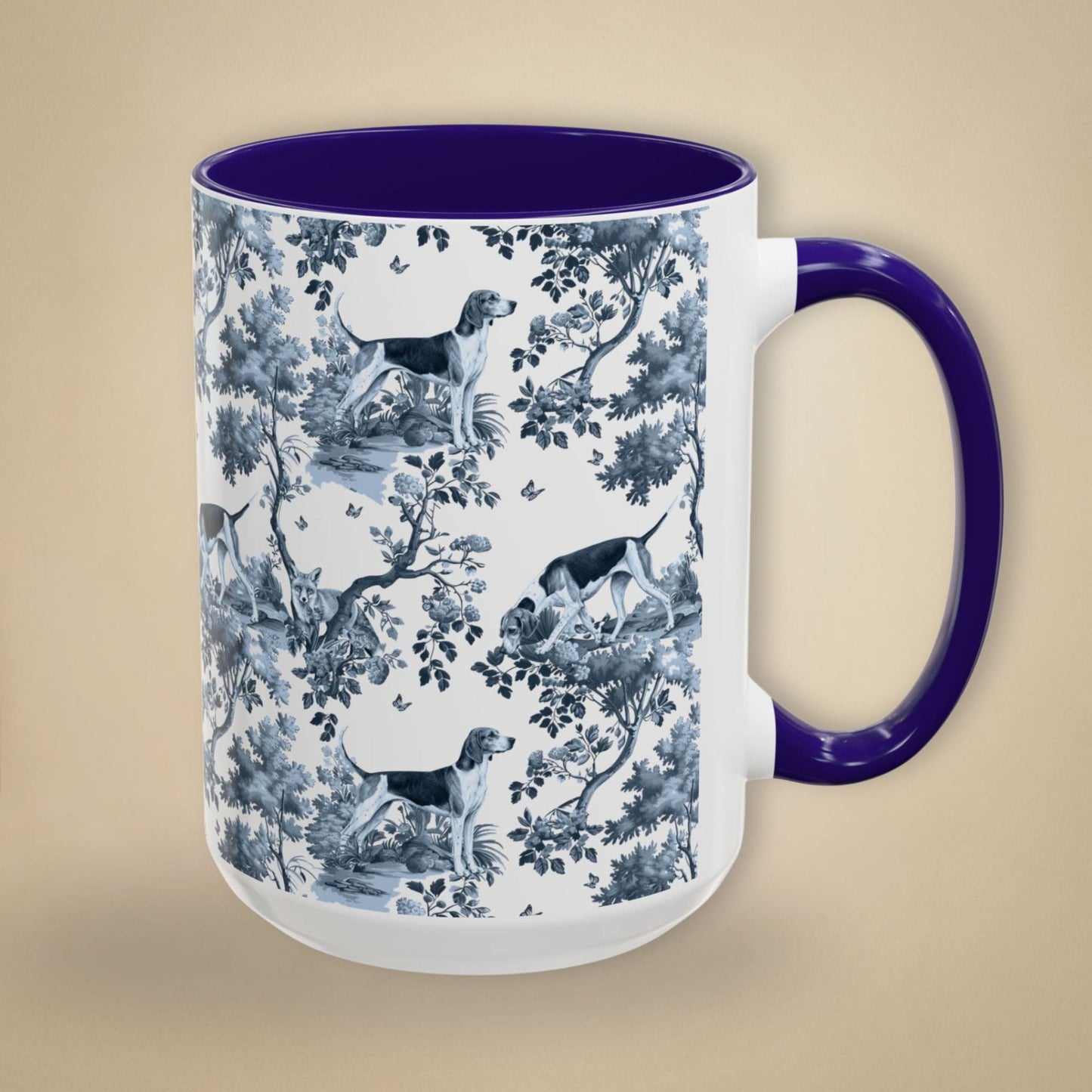 15 oz blue toile American Foxhound coffee cup shown from three sides
