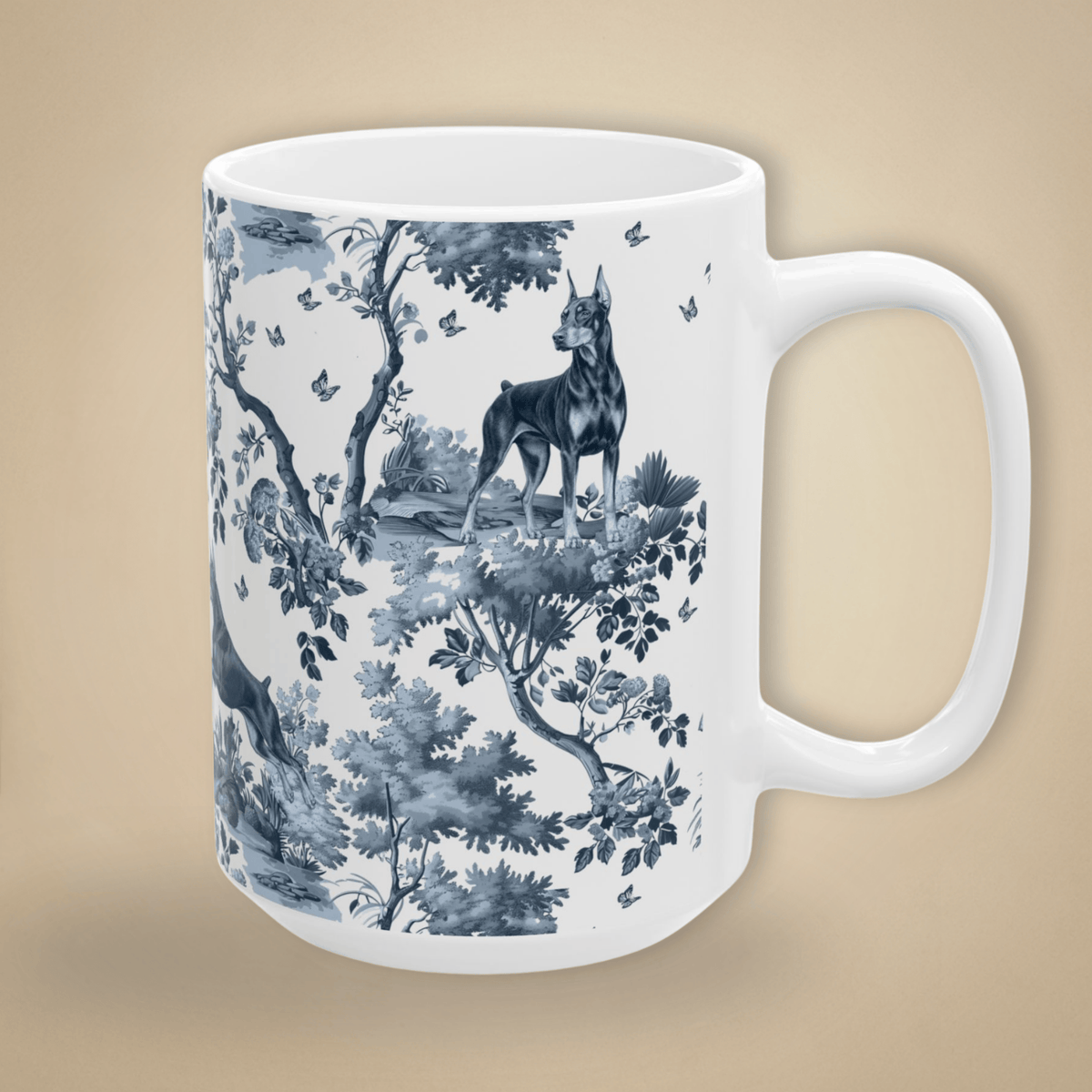 15 oz blue toile Doberman coffee cup shown from three sides