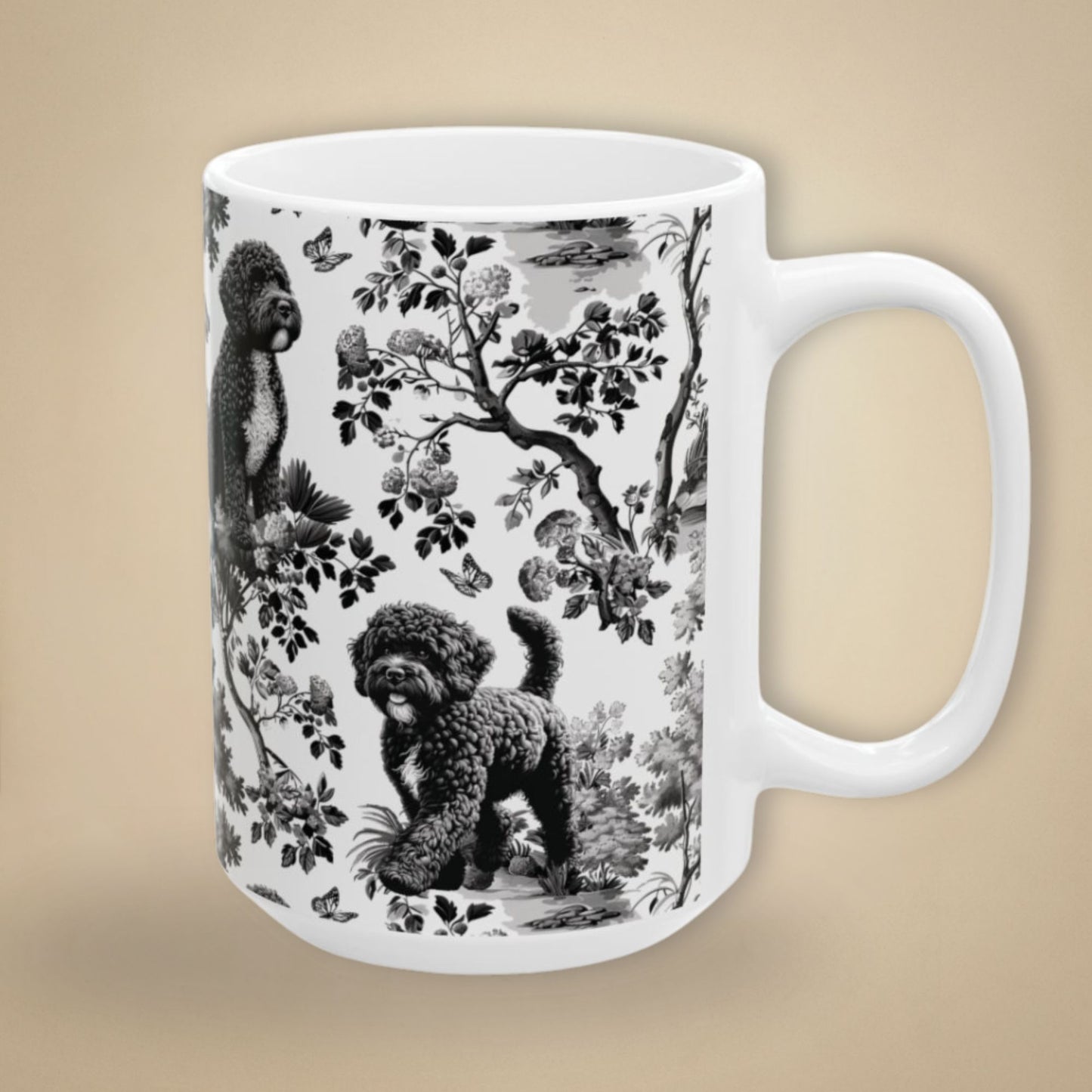 15 oz black toile Portuguese Water Dog coffee cup shown from three sides