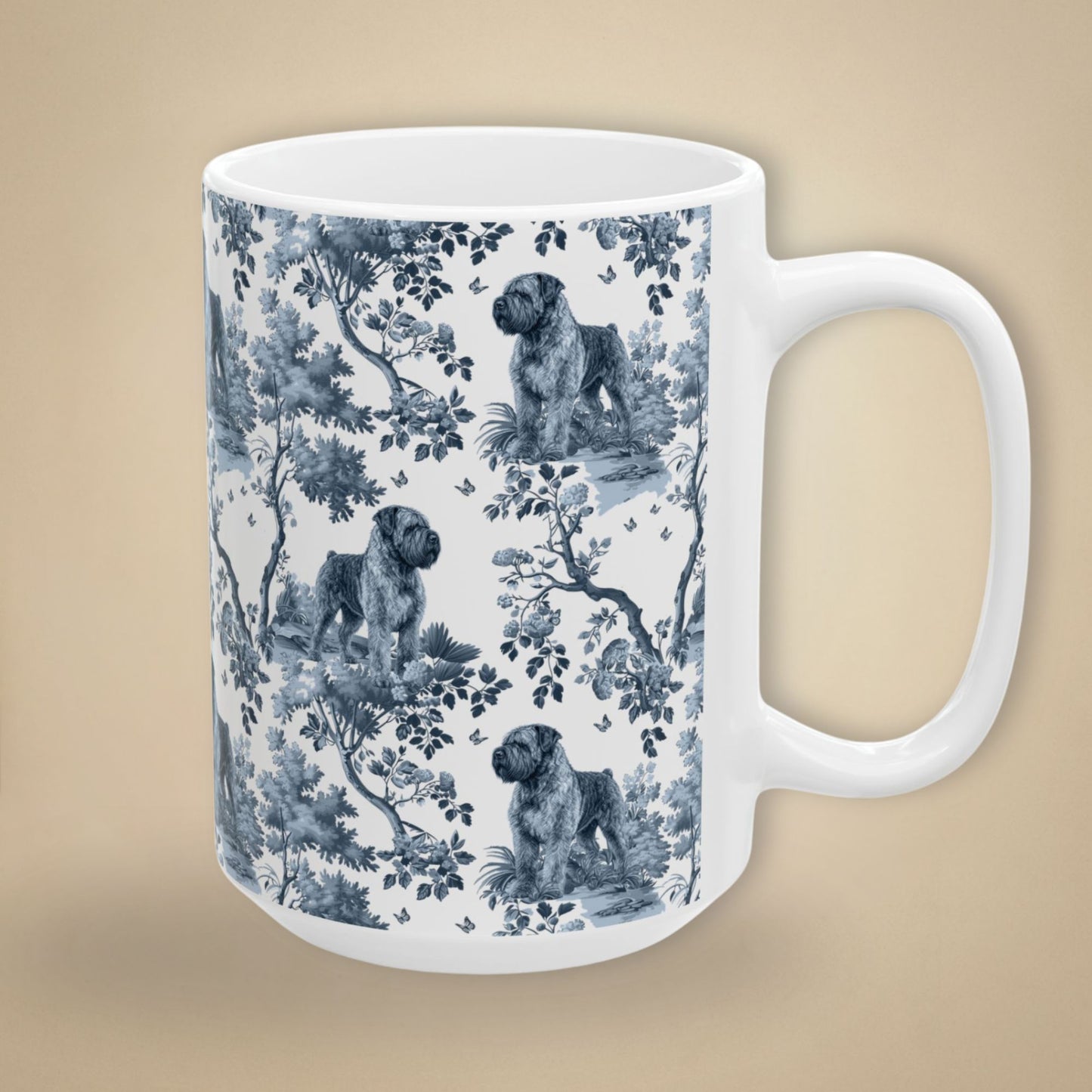 15 oz blue toile Bouvier des Flandres coffee cup shown from three sides