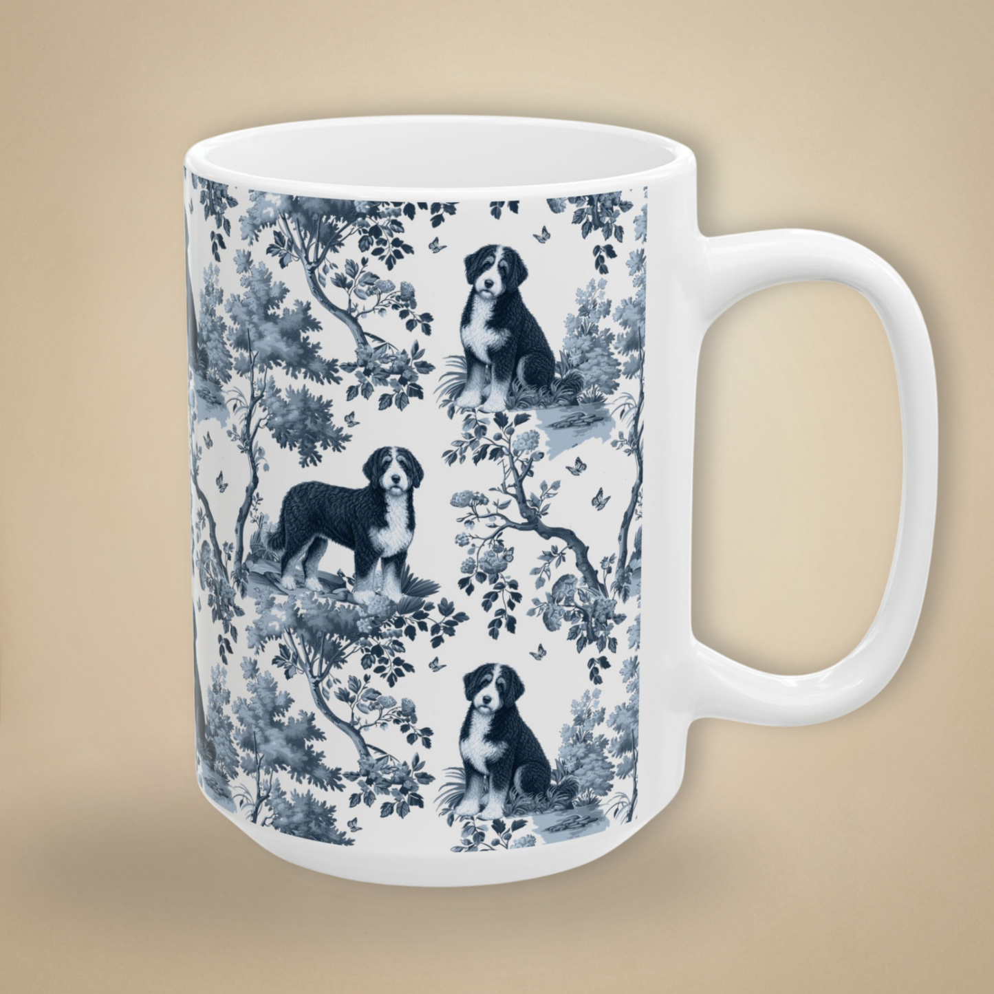 Bernedoodle Mug - Blue Toile Pattern