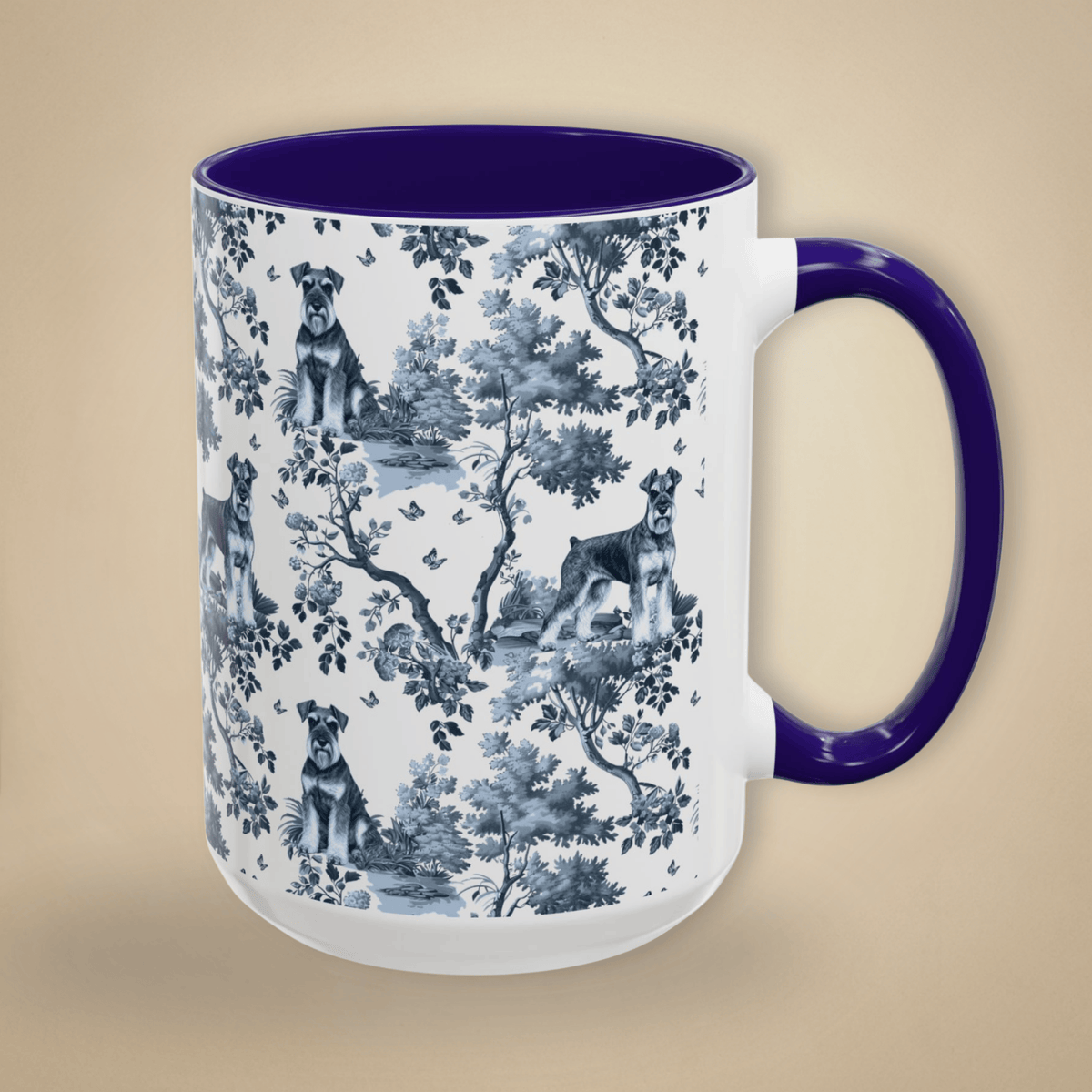 15 oz blue toile Standard Schnauzer coffee cup shown from three sides