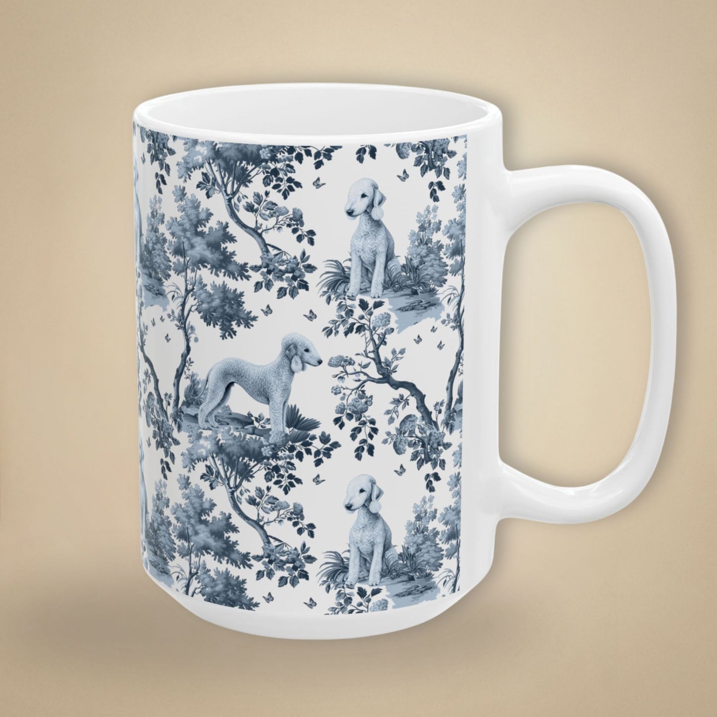 15 oz blue toile Bedlington Terrier coffee cup shown from three sides