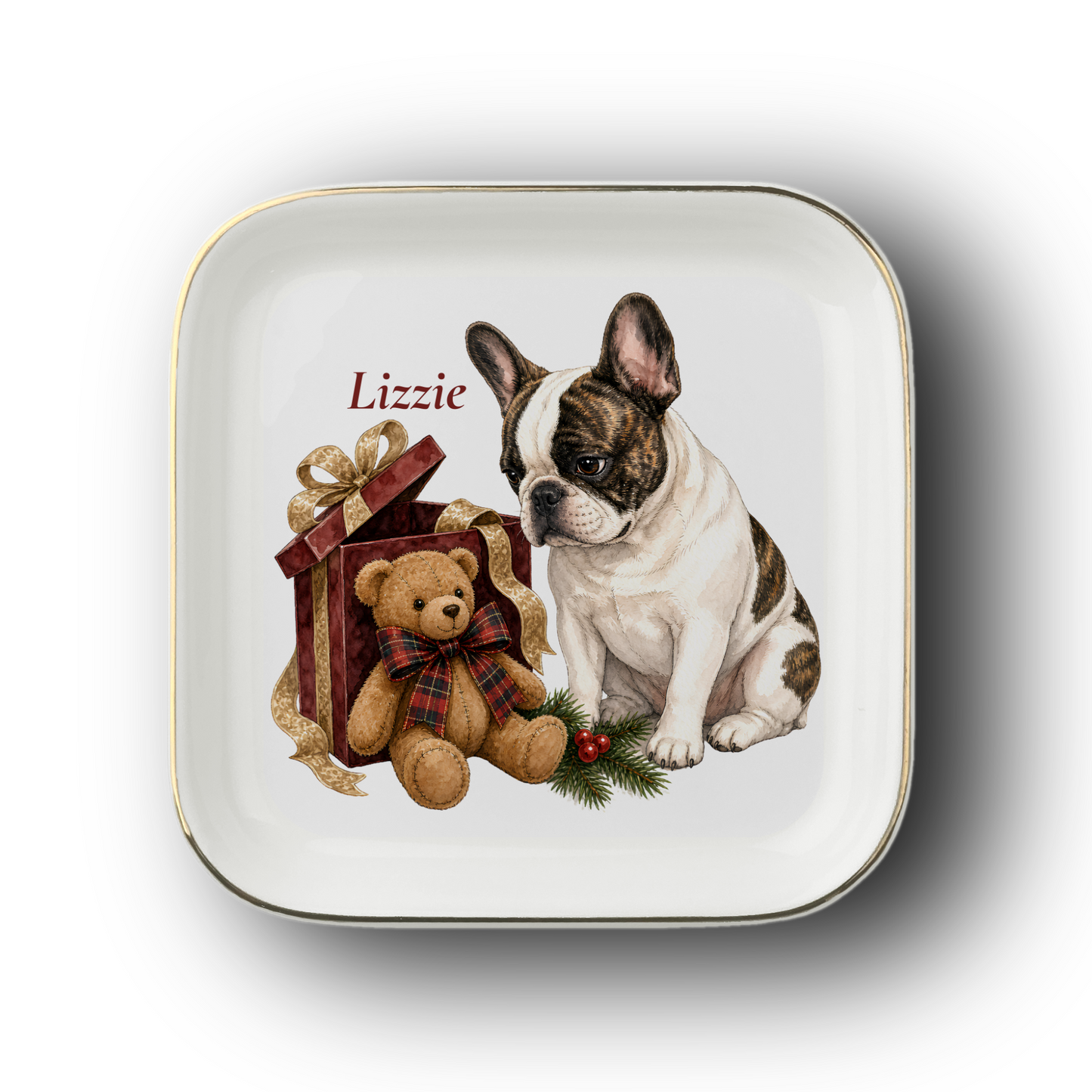 French Bulldog jewelry dish on a white background