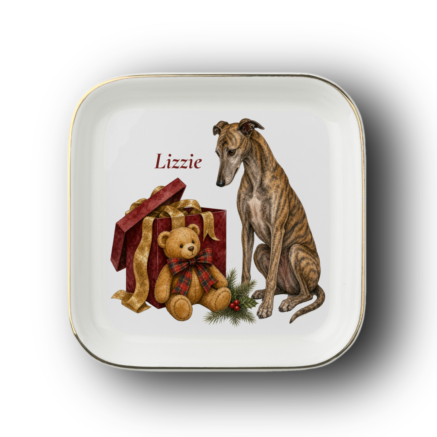 Greyhound jewelry dish on a white background