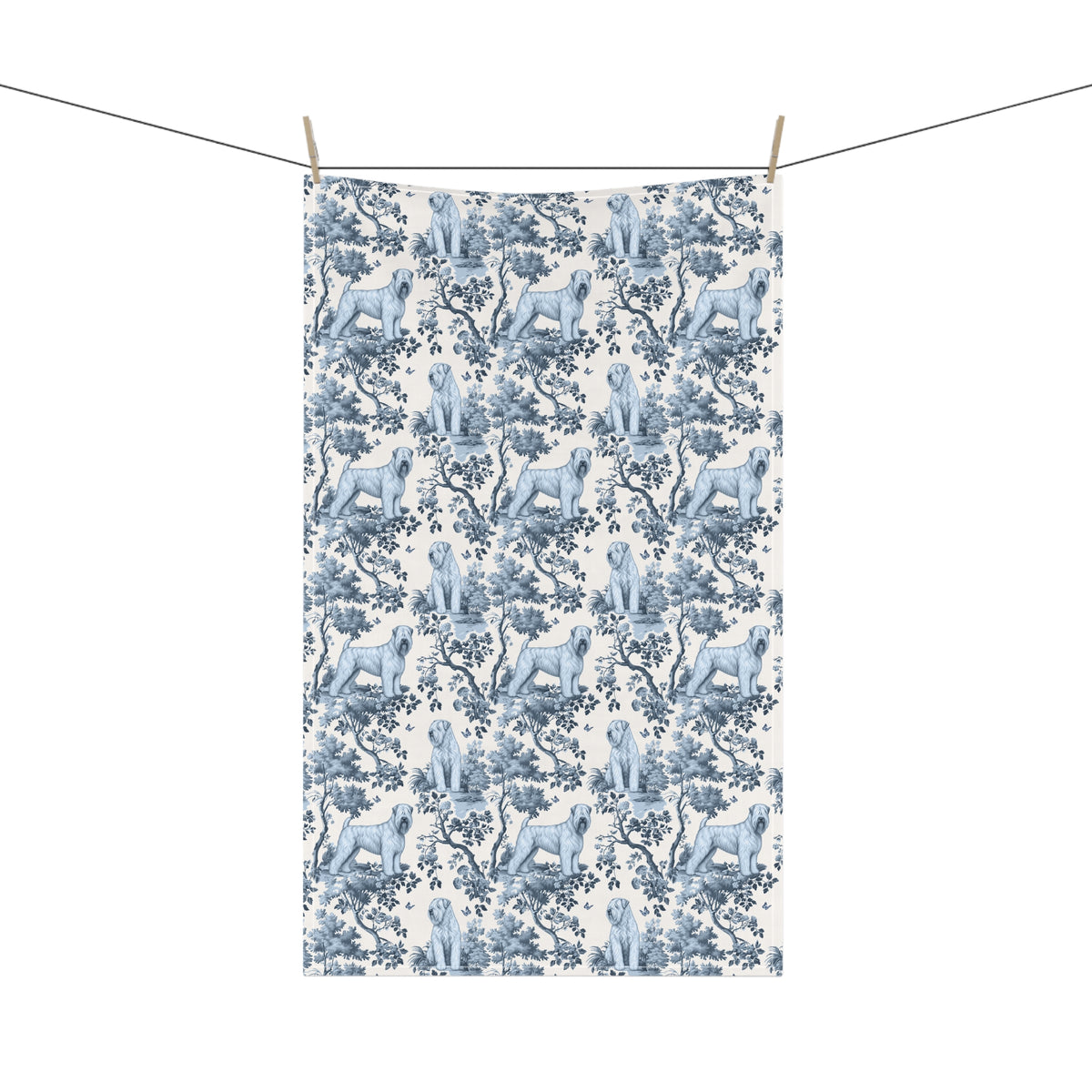 Soft Coated Wheaten Terrier Tea Towel with blue toile design, hanging from a clothesline, showing the full repeating design.
