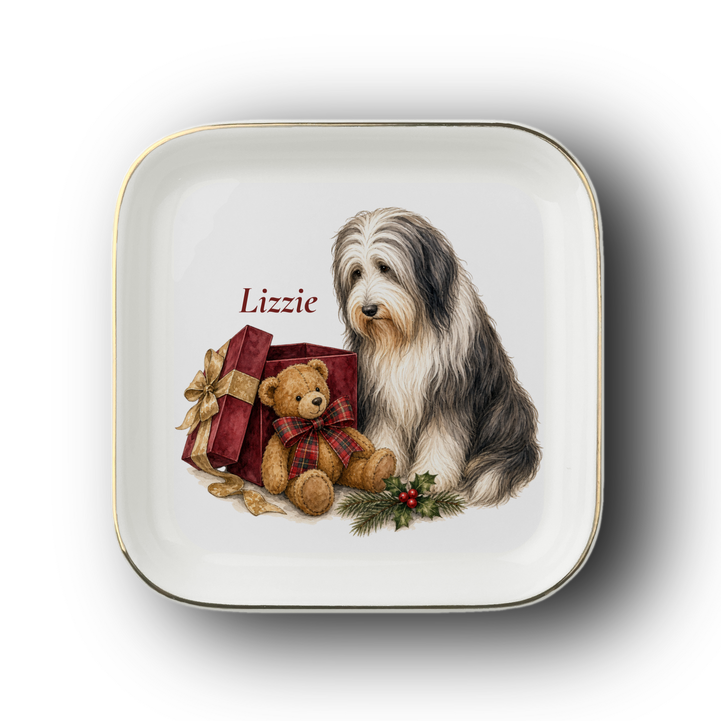 Bearded Collie jewelry dish on a white background