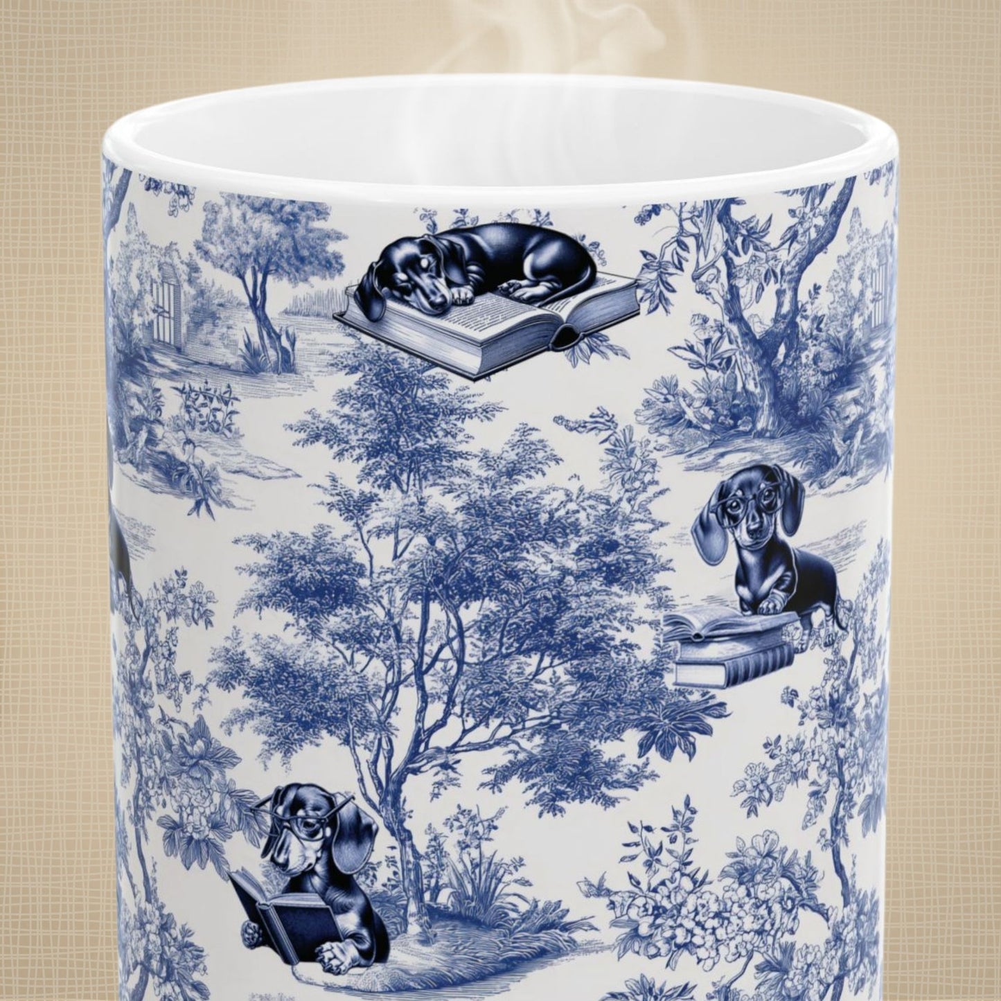 Dachshund Toile Mug - Doxie Reading