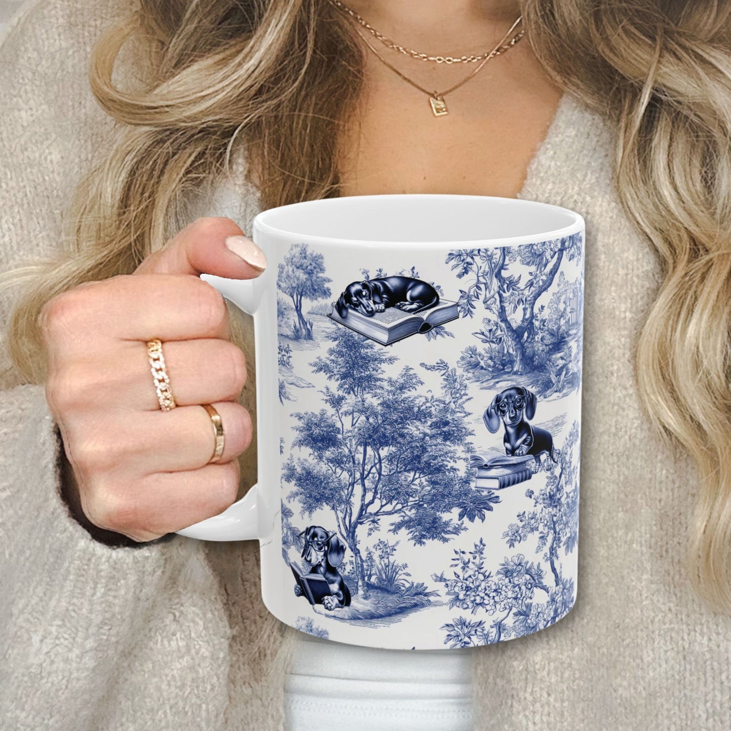 Dachshund Toile Mug - Doxie Reading