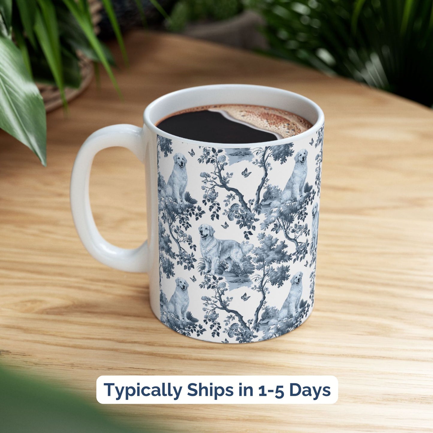 Golden Retriever Mug - Blue Toile Pattern