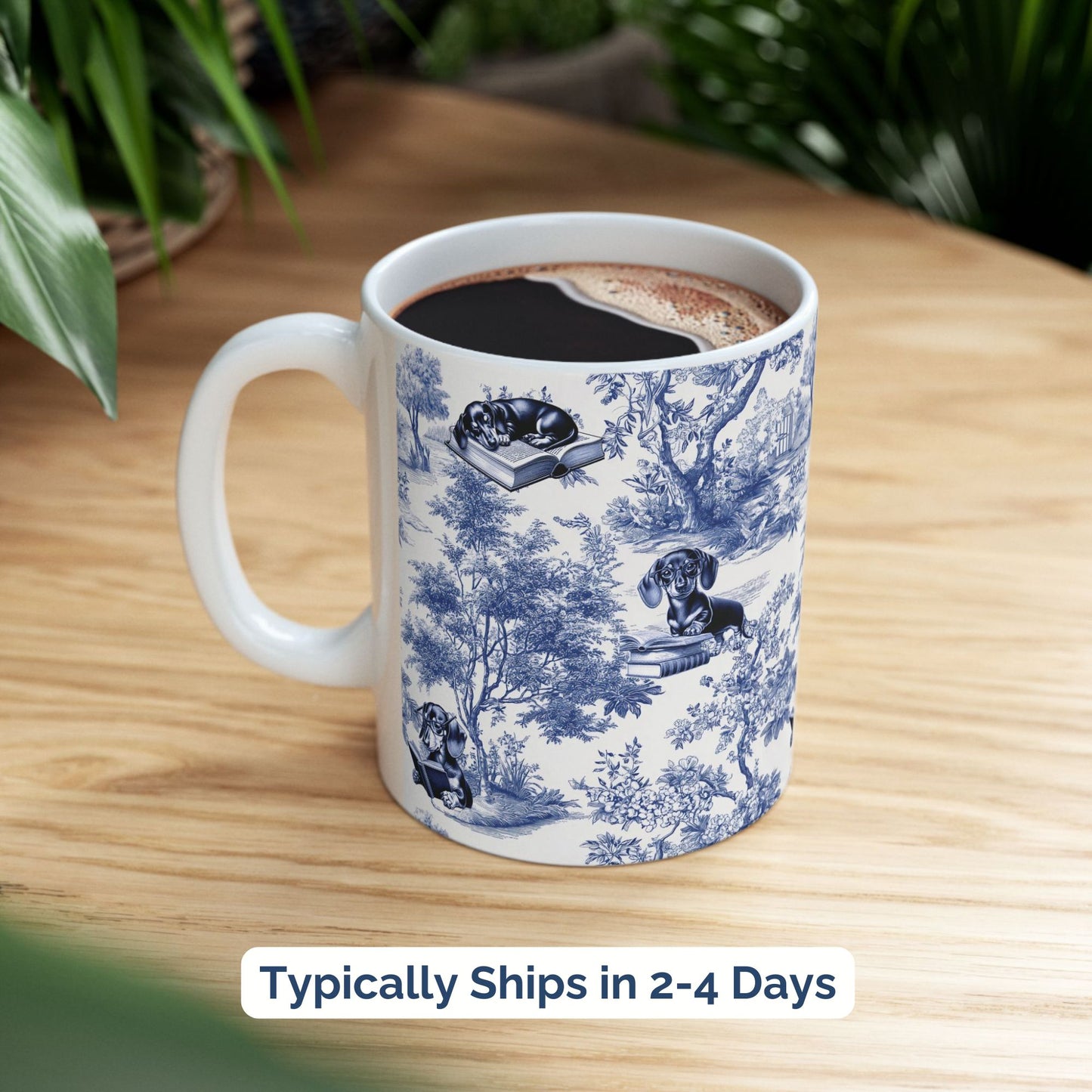 Dachshund Toile Mug - Doxie Reading