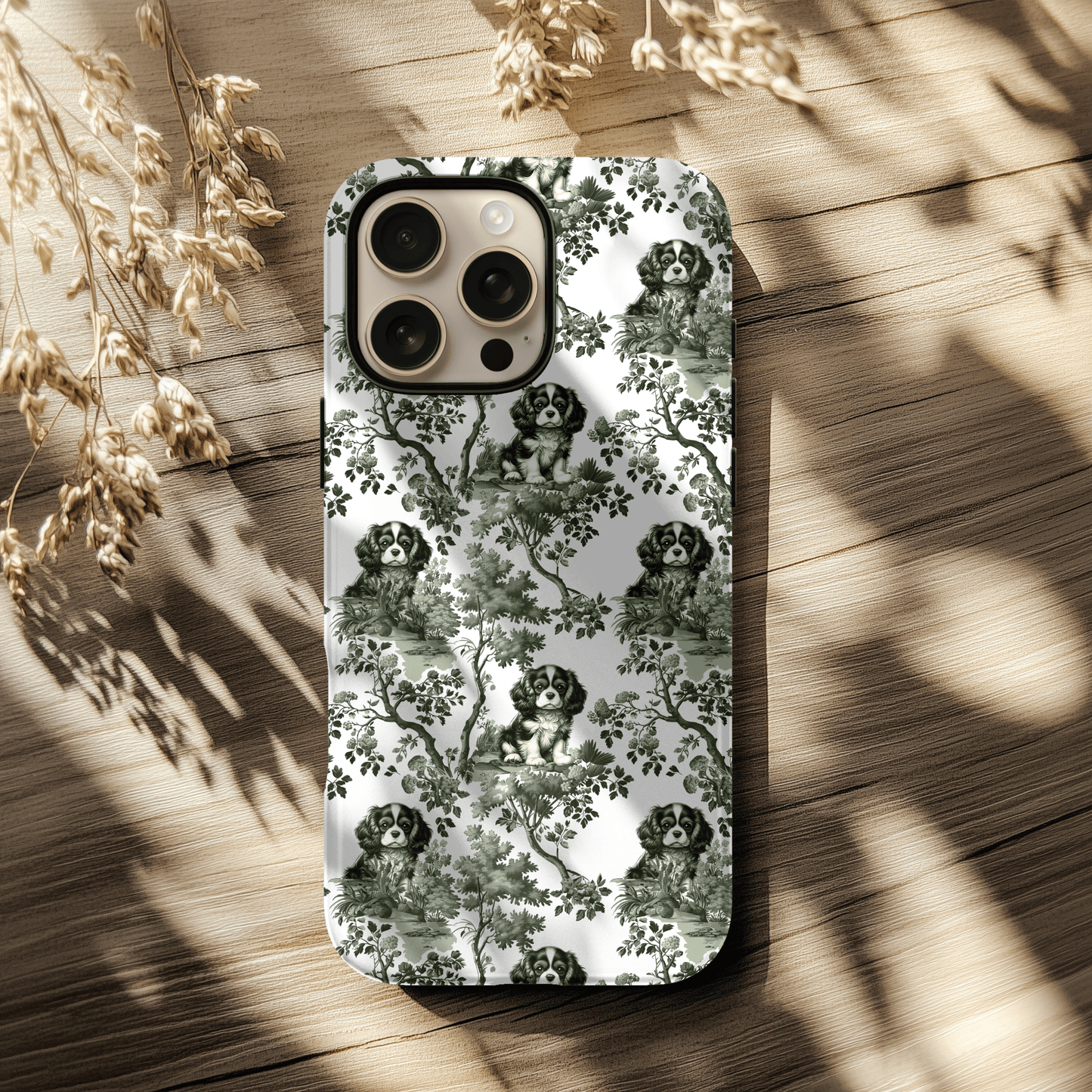 Cavalier King Charles Spaniel Phone Case - Sage Green Toile Pattern