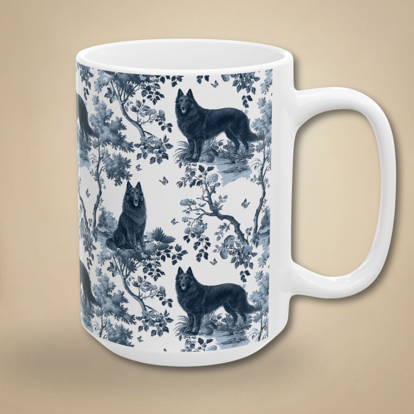 Belgian Sheepdog (Groenendael) Mug - Blue Toile Pattern