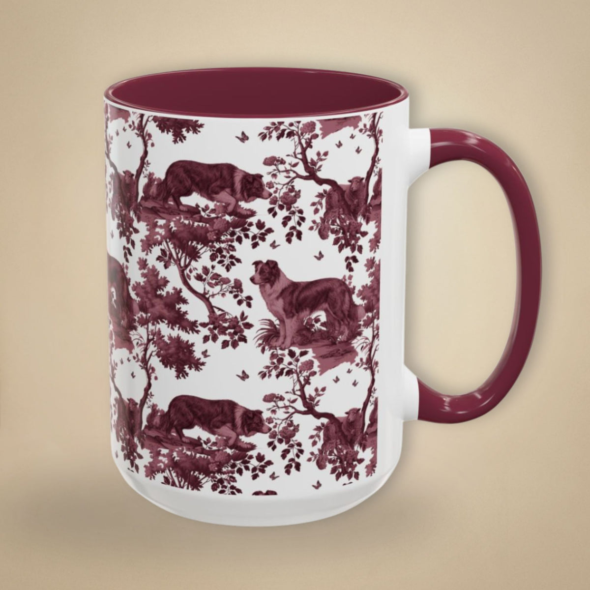 Border Collie petite cranberry toile 15 oz ceramic mug, right view