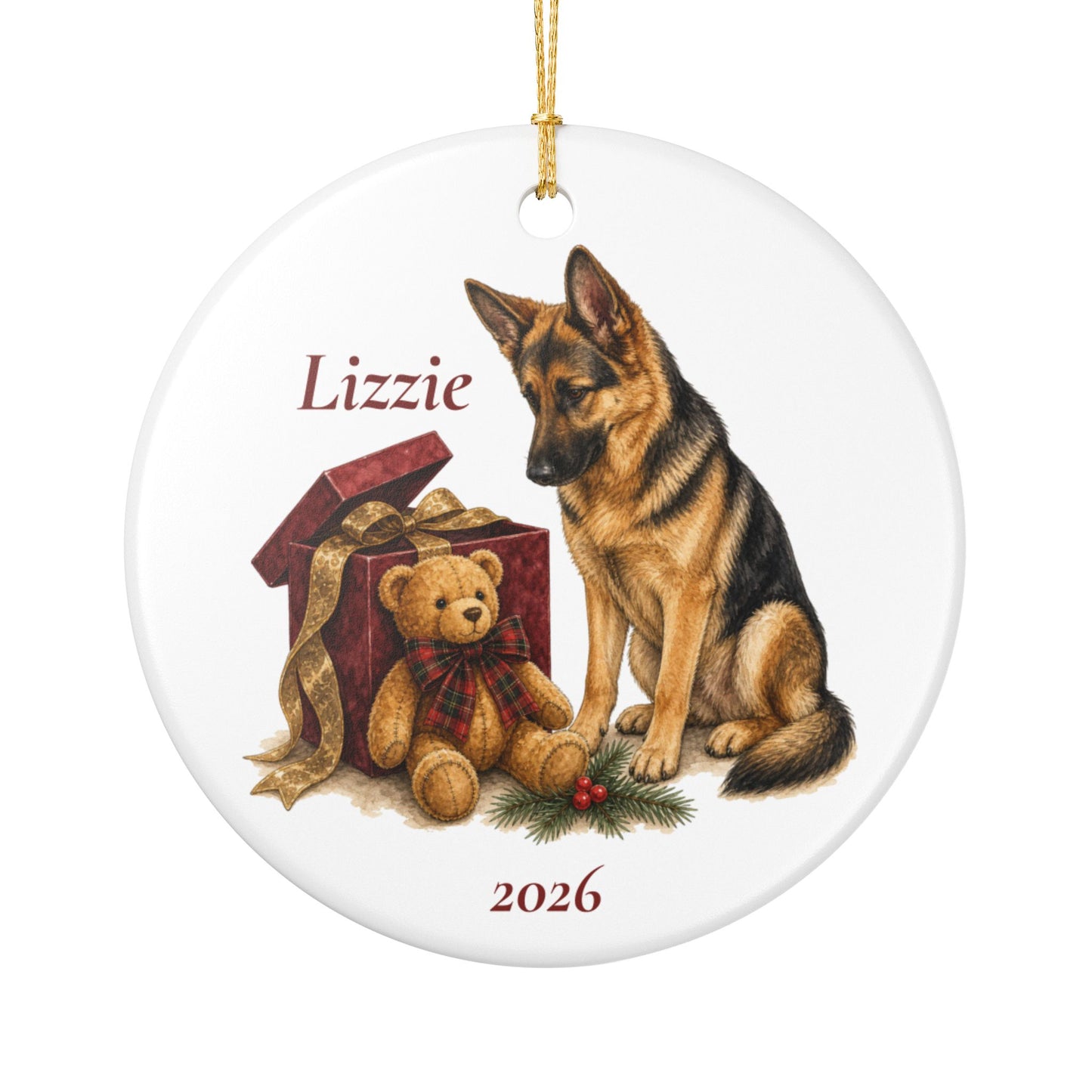 German Shepherd ornament shown with the white gift box option