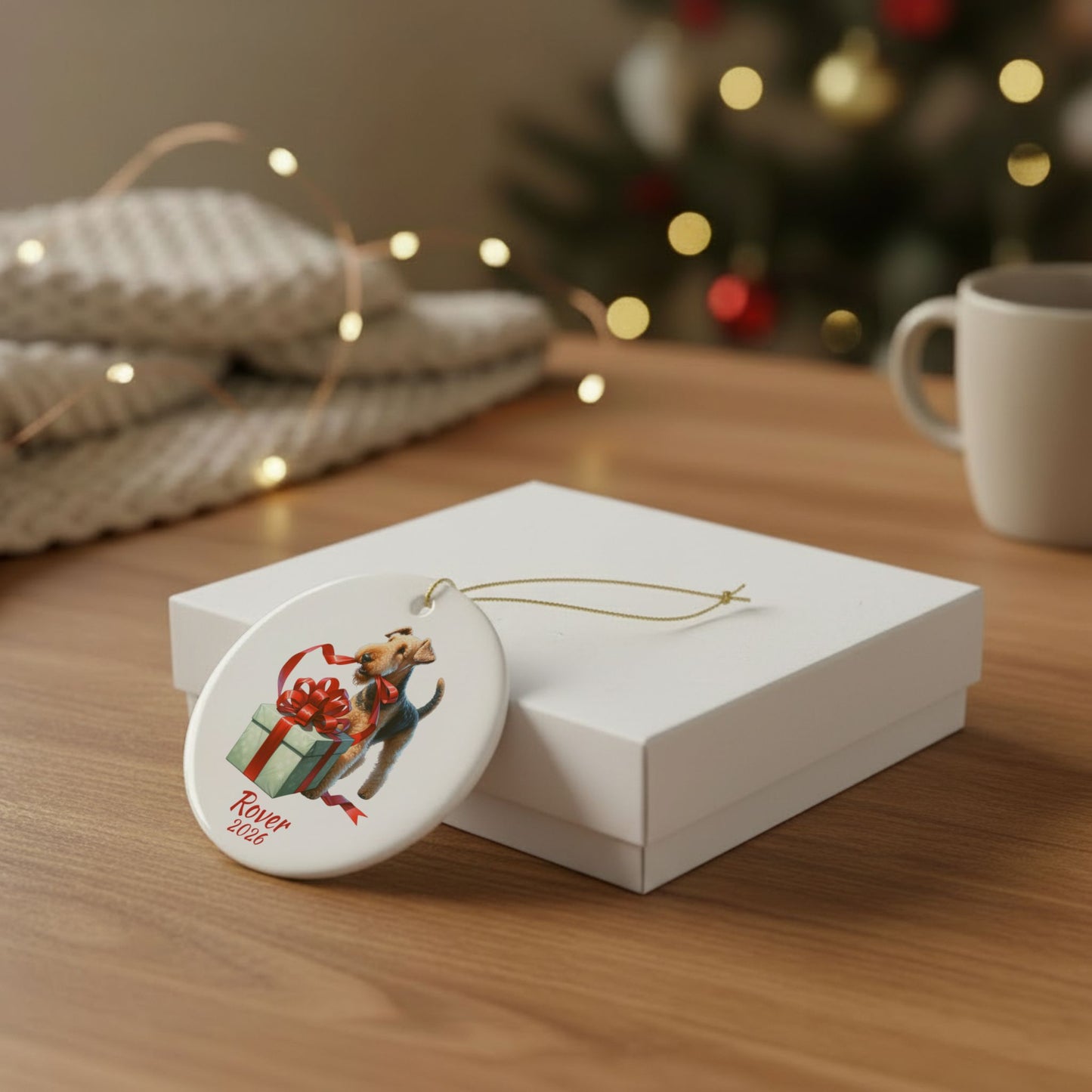 Airedale Terrier ornament shown with the white gift box option