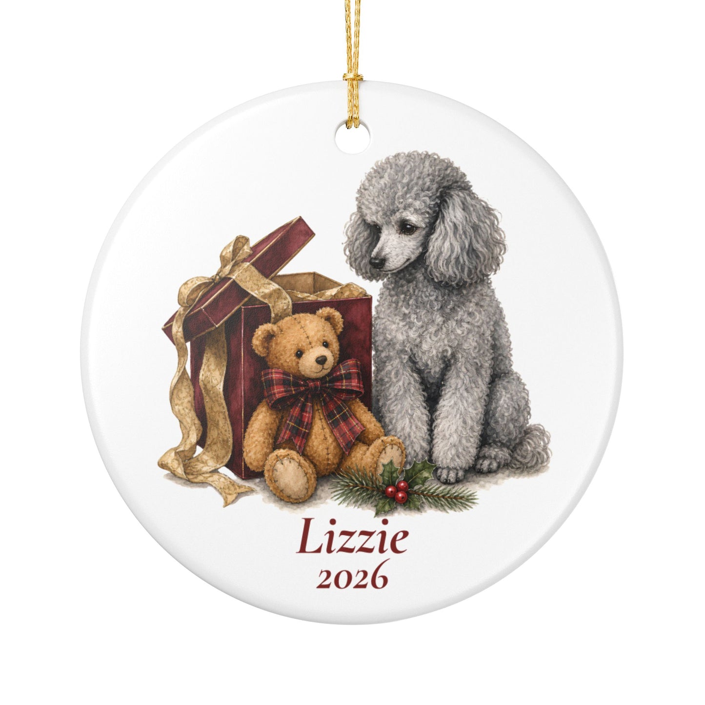 Miniature Poodle (Gray) ornament shown with the white gift box option
