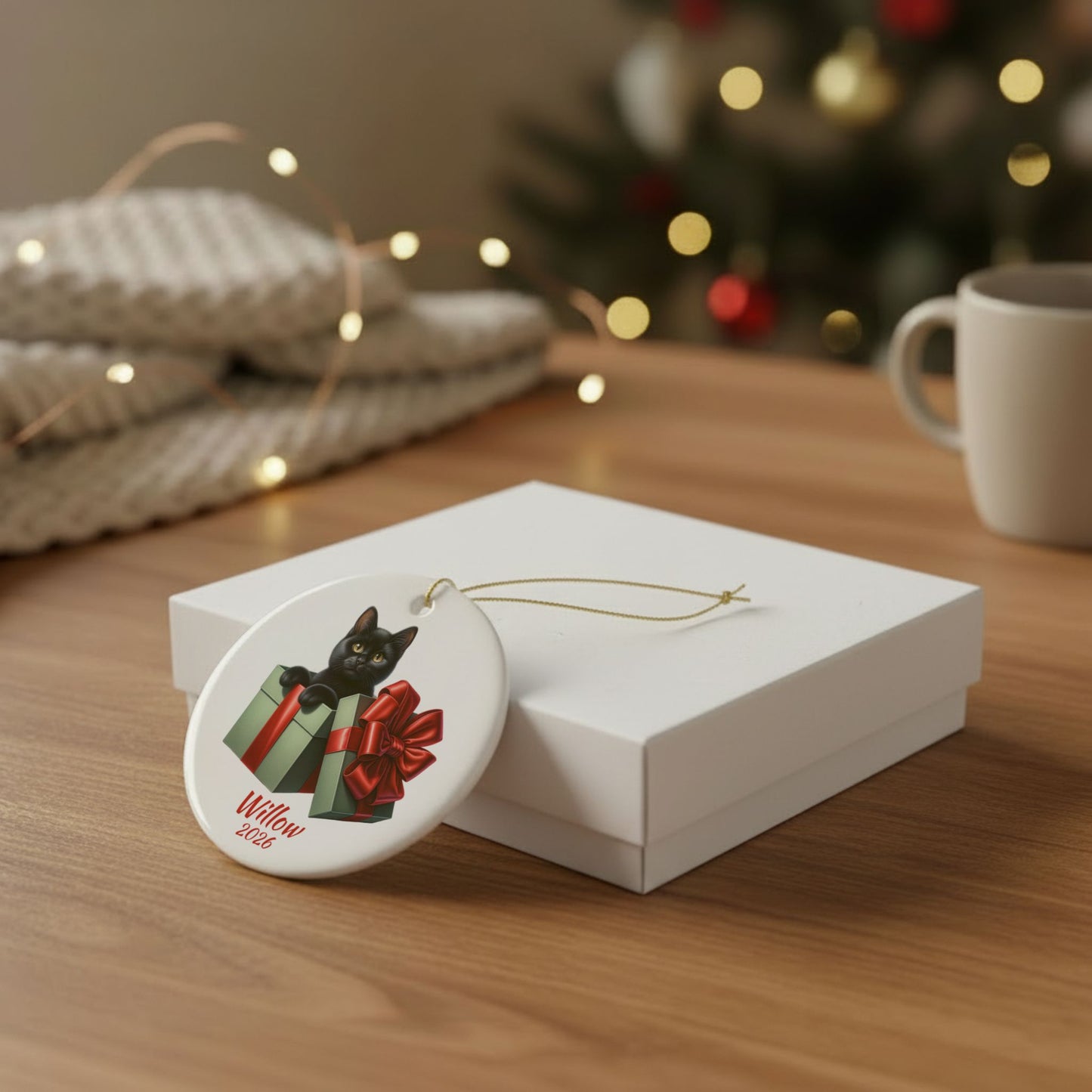 Black Cat ornament shown with the white gift box option